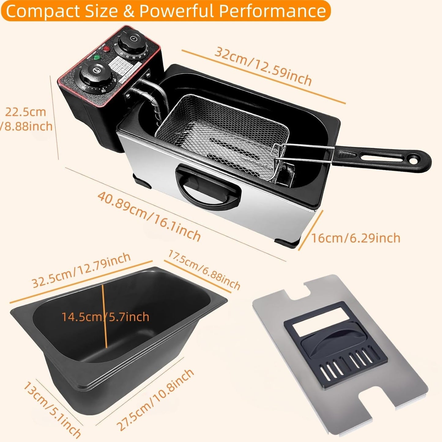 Yangbowan 3L Deep Fryer with Basket for Home, 1300W Electric Small Deep Fryer with Temperature Control, Timer Control, View Window Lid, Stainless Steel Body for Restaurant Use