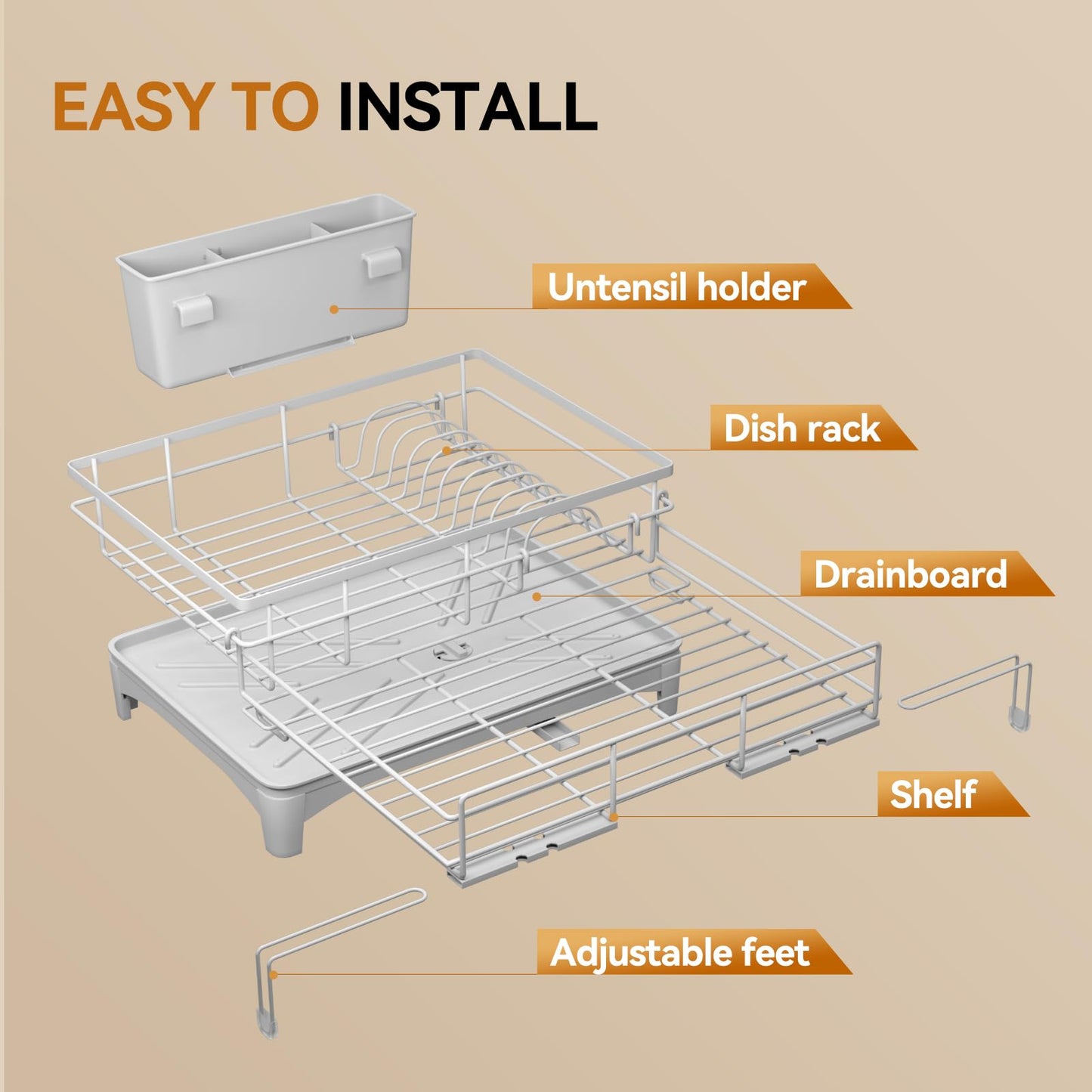 Laveshop Dish Drying Rack - Expandable Rack, Large Capacity Dish Drainer for Kitchen Counter, Rust-Proof with Utensil Holder, Gray
