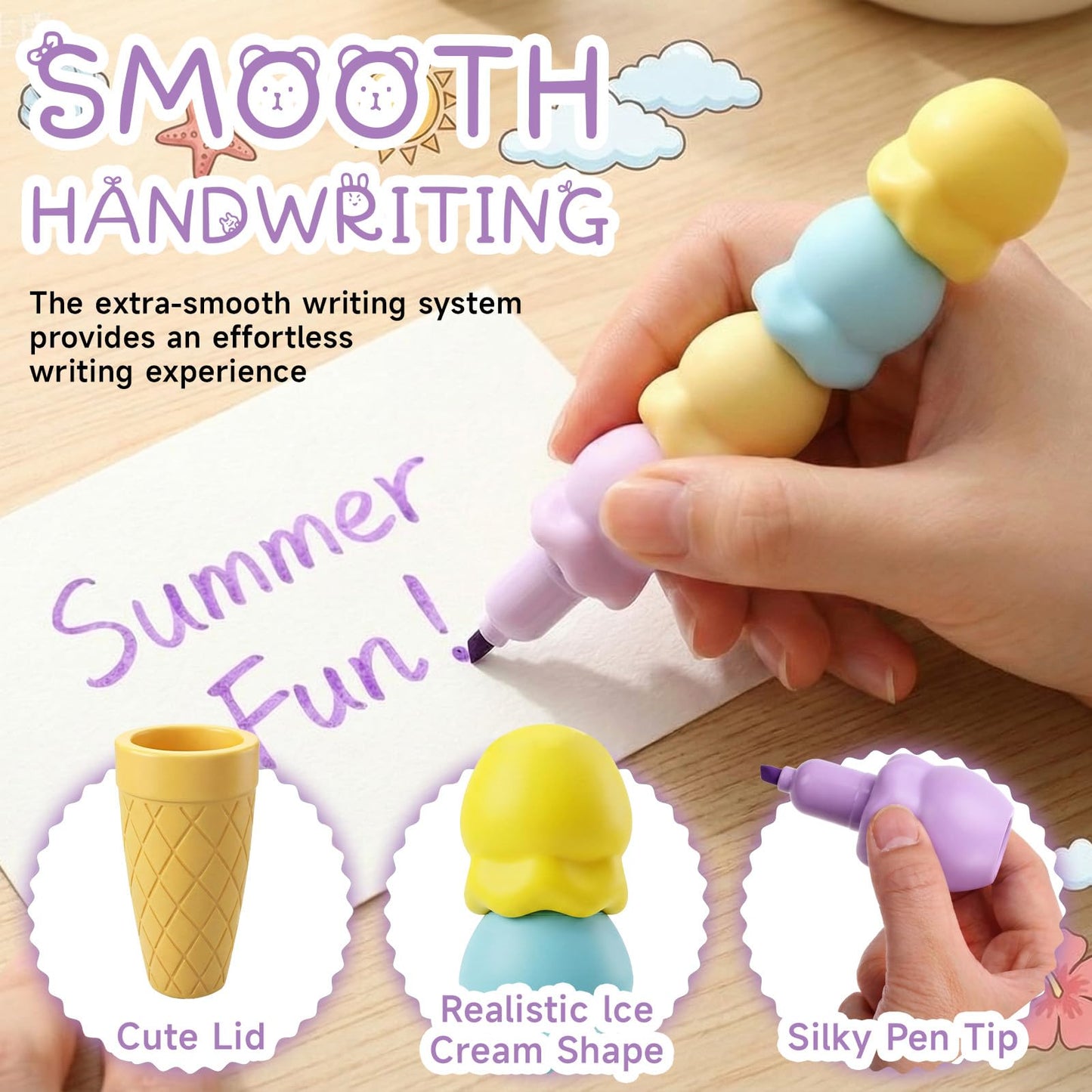 Eaasty 24 Sets End of Year Gifts for Students Bulk Ice Cream Pens with Greeting Cards Summer Gifts from Teacher for Party Favor Supplies Classroom Rewards Birthday Exchange Prizes (Highlighter)
