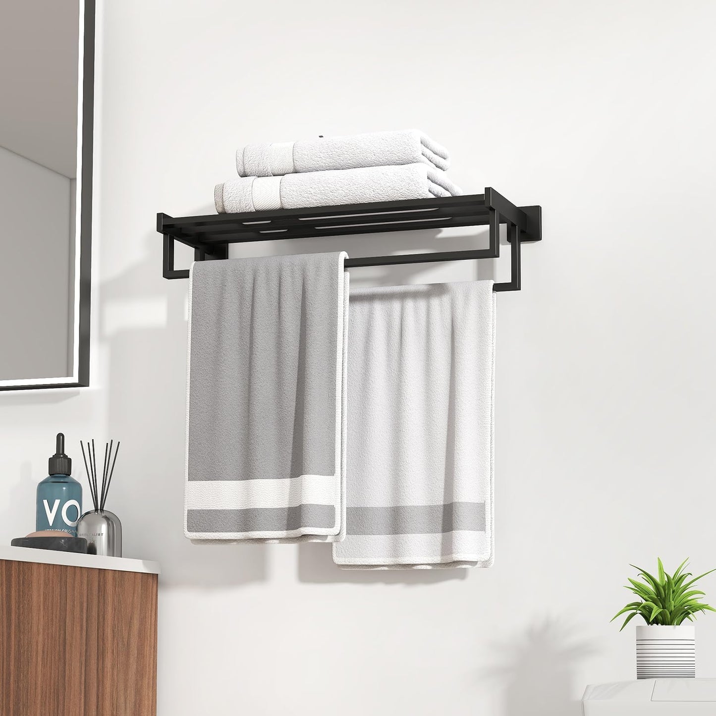 Towel Racks for Bathroom Wall Mounted, 24 Inch Double Towel Bar, Dual Towel Rack with Shelf, Stainless Steel Hand Towel Hanger, Bath Towel Holder for Wall, Black