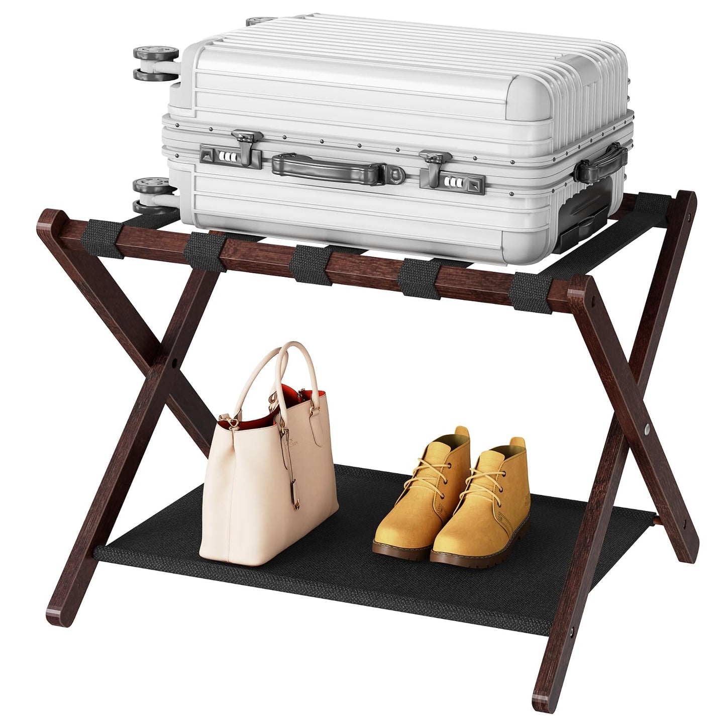 HOOBRO Luggage Racks, Set of 2 Folding Luggage Holders, Bamboo Suitcase Stands, with Nylon Straps and Oxford Fabric Shelf, for Guest Room, Hotel, Bedroom, Brown and Black BR17XLP201G1