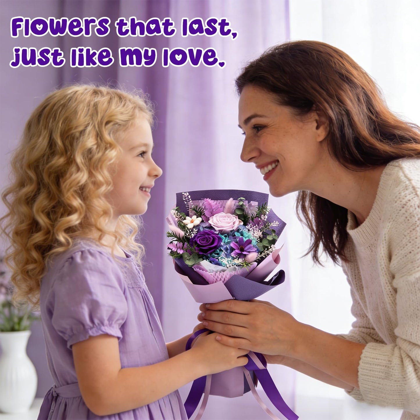 iLovDesign Preserved Flowers Bouquet, Long Lasting Floral Arrangement with Gift Box, Ideal for Mom, Wife, Women & Friends (Deep Purple)