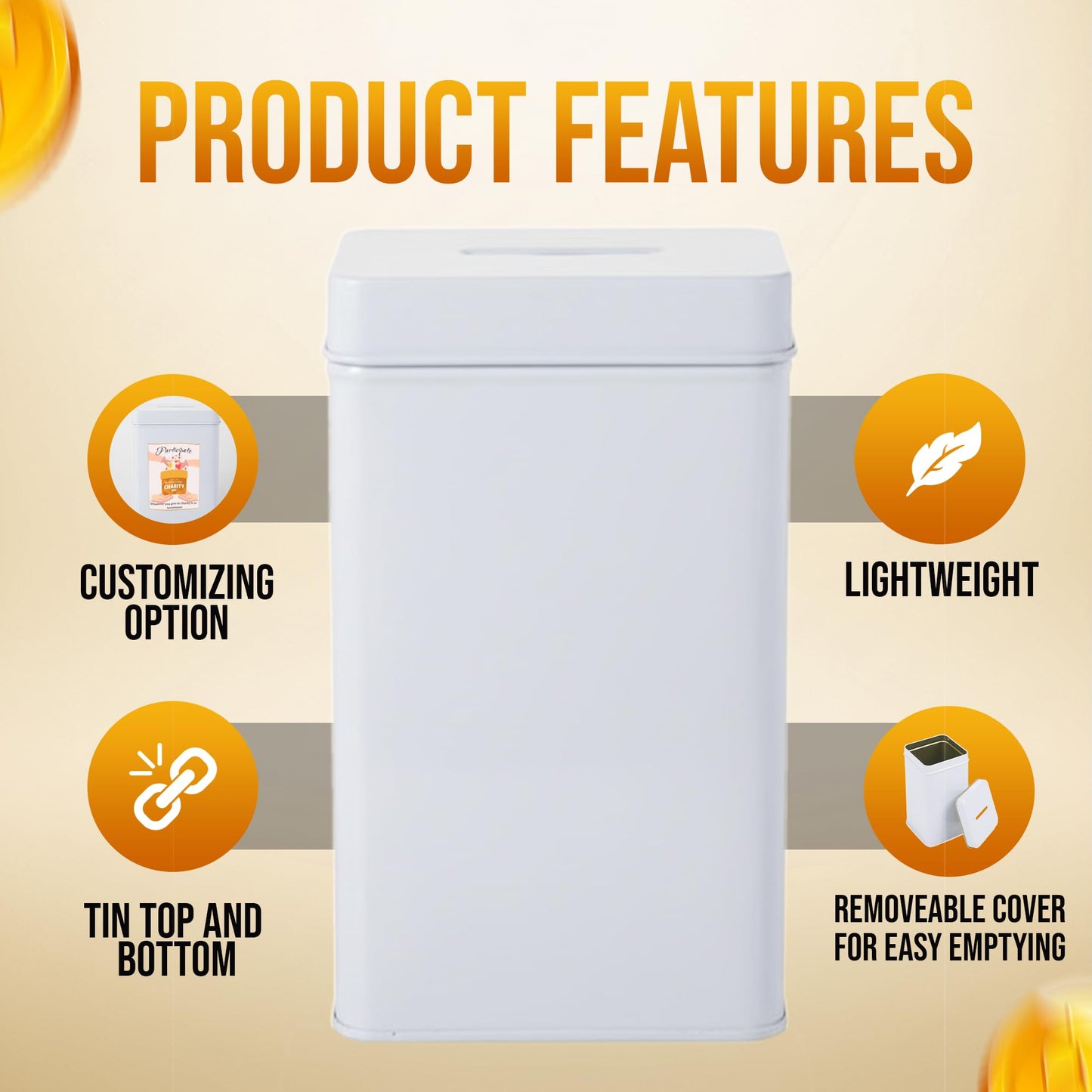 Metal Tin Charity Donation Box Tip Container Coin Collection Ticket Box Square shaped 5" H x 3" W x 3" D with slot on removable cover (10 Pack) White