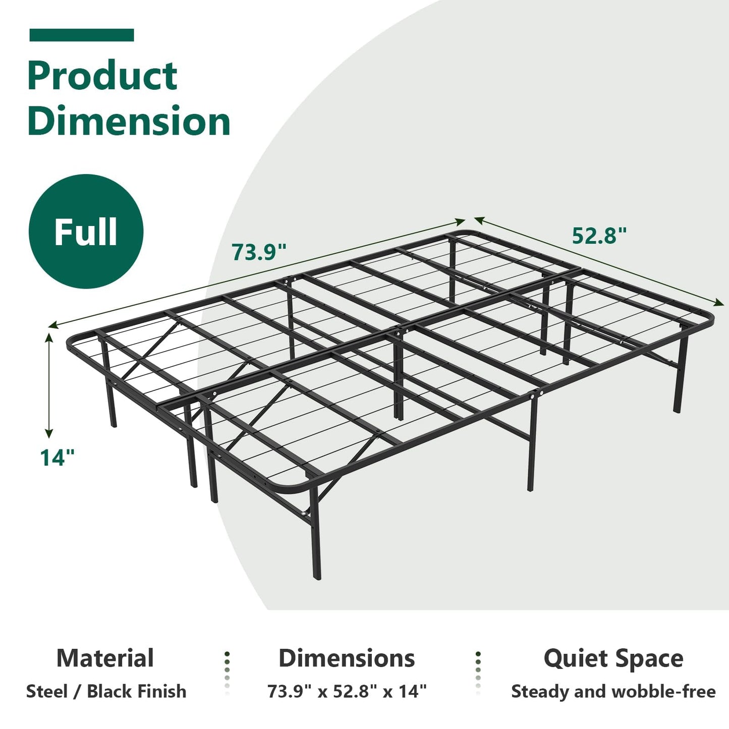 FurniEdge Full Size Folding Bed Frame, Heavy Duty Full Metal Platform with 14" Underbed Storage, Easy Tool-Free Assembly, No Box Spring Needed
