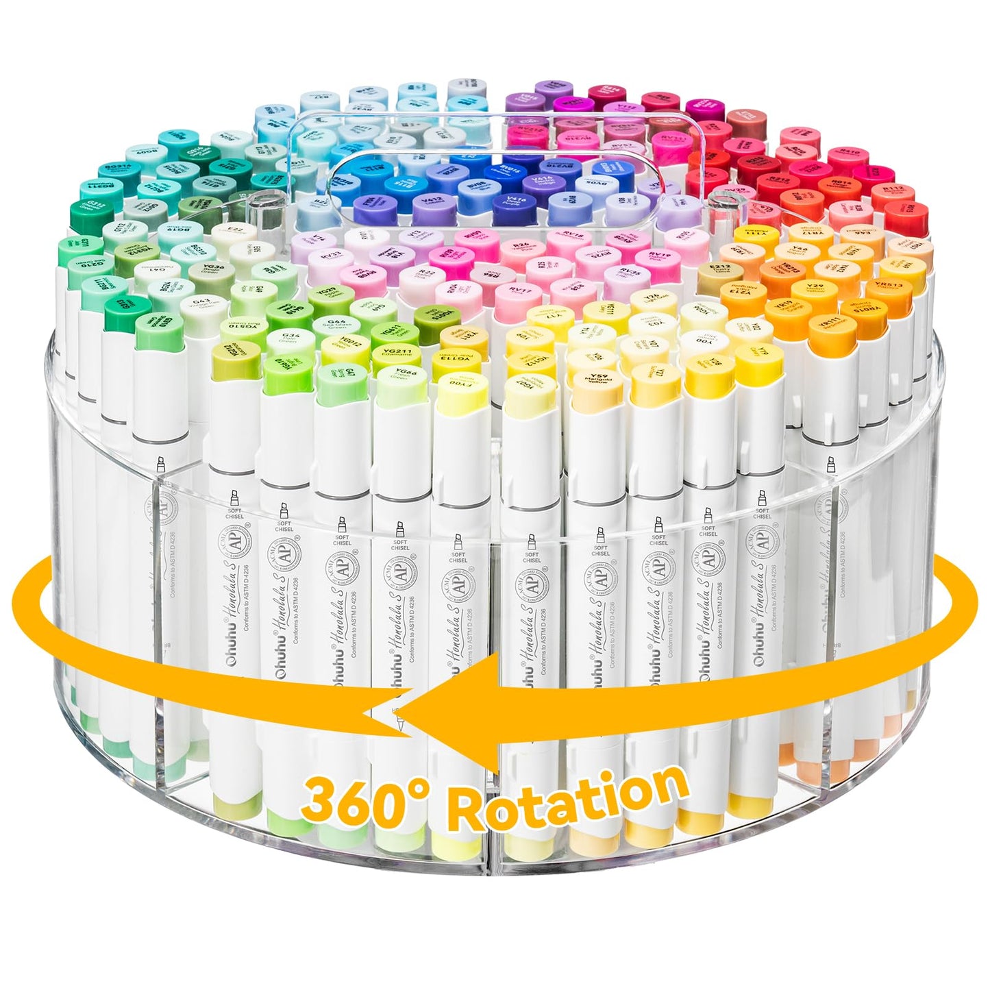 Ohuhu Acrylic Marker Organizer for Alcohol Markers, 360° Rotating Clear Acrylic Holder with Hidden Handle, 10 Compartments for Markers, Pens & Pencils, Home Classroom Office Desk Organizer