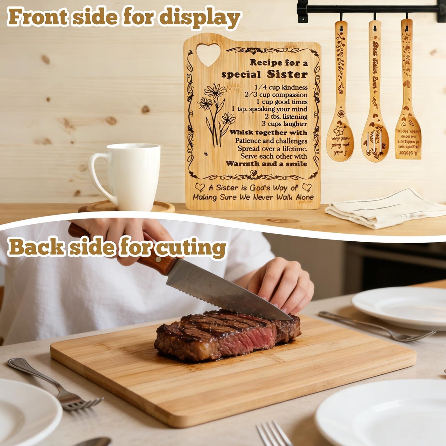 Sister Birthday Gifts - "Recipe for a Special Sister " Cutting Board Set, Bamboo-Made Engraved Utensil Set Sister Gifts from Sister or Brother (For Sister)