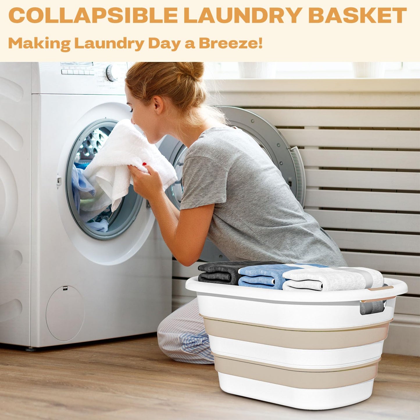 OOAMBB 43L(11.5Gallon) Collapsible Laundry Baskets plastic, Pop Up Laundry hamper/Storage Container, Foldable Laundry Basket with Large Capacity,Sturdy,Space Saver (Beige, 2 Packs)