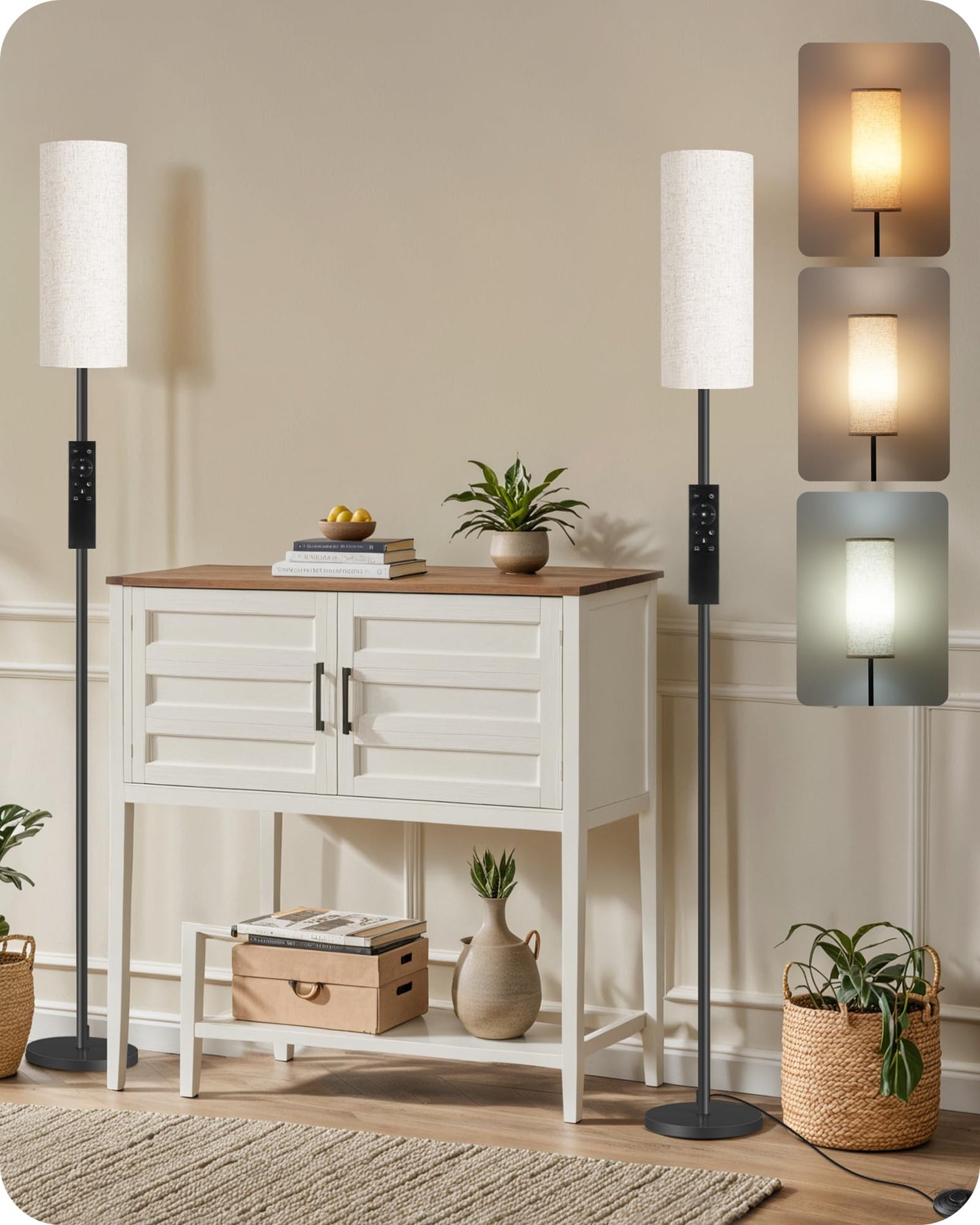 GOEBLESON Set of 2 Dimmable Floor Lamps for Living Room with 2 Remotes and Foot Switch, 64.4”Modern Standing Tall Lamp, Corner Lamp for Bedroom, Bulb Included, 3000K-6500K, Beige Shade E06LDP205W1