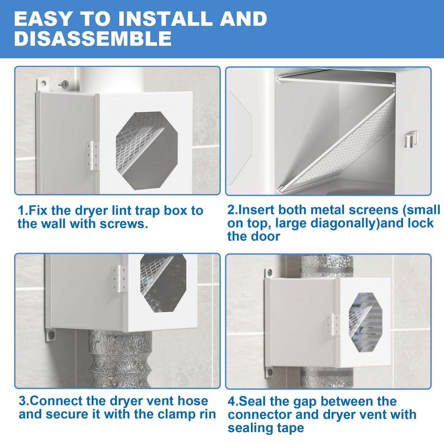 GTACASS Dryer Lint Trap, Metal Lint Catcher Box with 90 Degree Drye Vent Elbow, 4inch Hose & Clamps Cleaning Brush Filter Screens - Indoor Dryer Vent Connector Kit