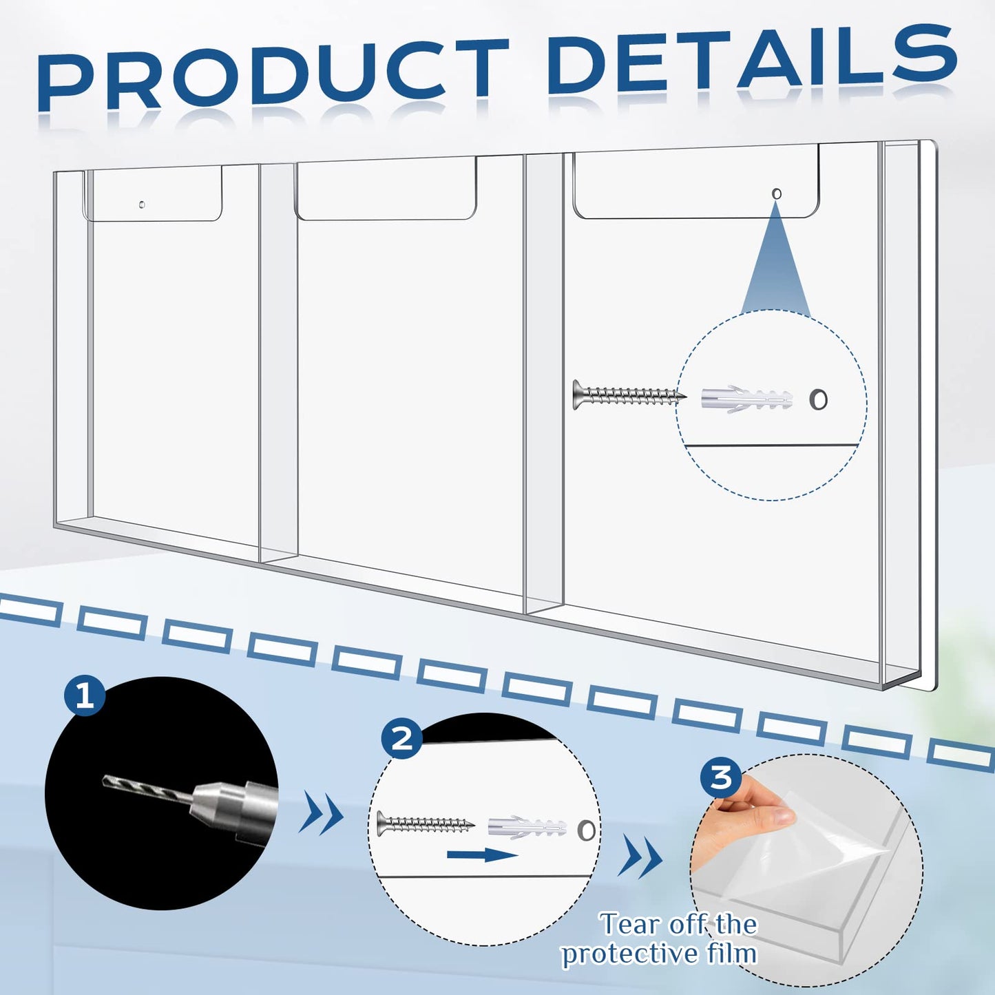 Sherr 1 Pc Acrylic Brochure Holder Wall Mount, 8.5 x 11 Inches Clear Hanging Flyer Display Holder Plastic Pamphlet Stand for Magazine, Booklet, Bookmark (Three-slot)