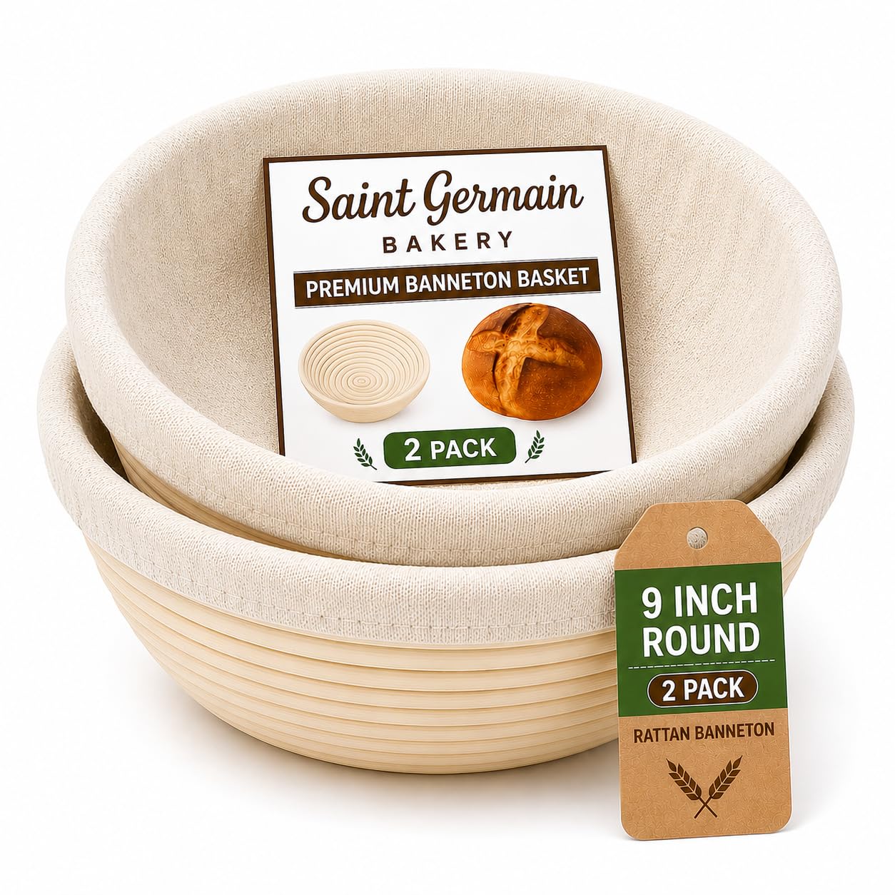 Saint Germain Bakery Premium Round Bread Banneton Basket with Liner (Set of 2 9" Round Baskets)