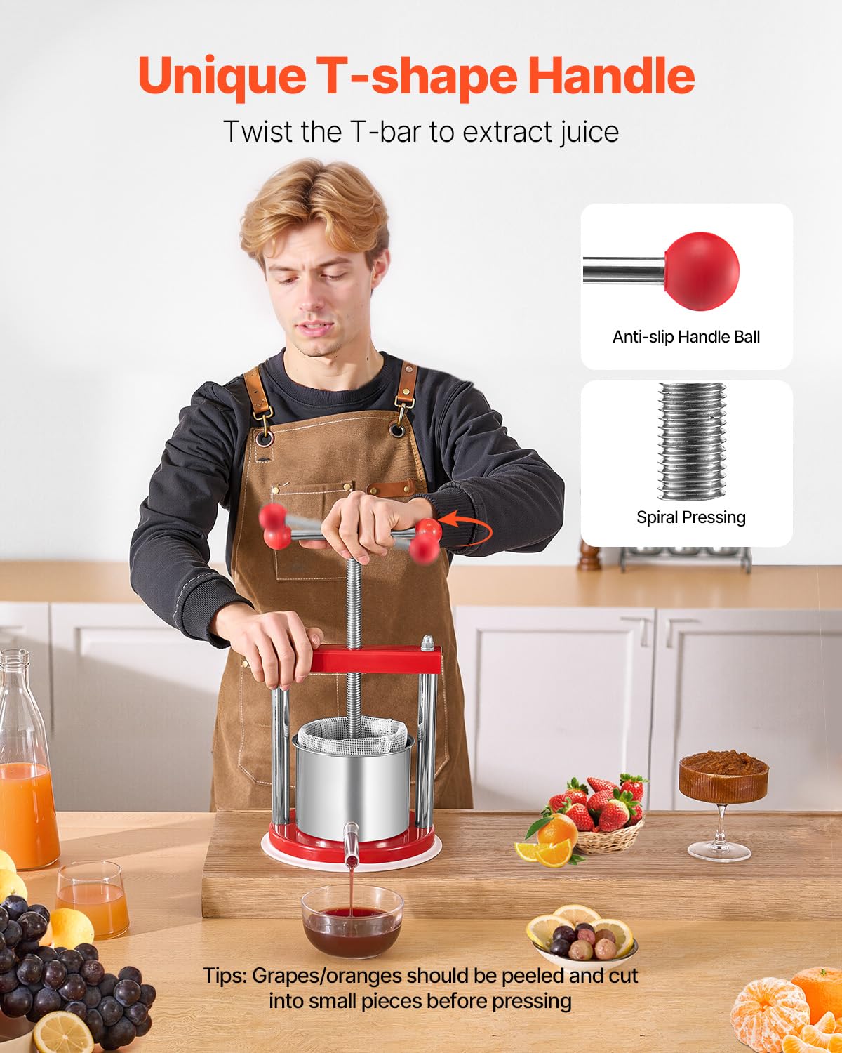 VEVOR 0.44 Gal/1.65L Fruit Wine Press, 2 Stainless Steel Barrels, Manual Juice Maker, Cider Apple Grape Tincture Honey Olive Oil Making Press with T-Handle for Outdoor Kitchen Home