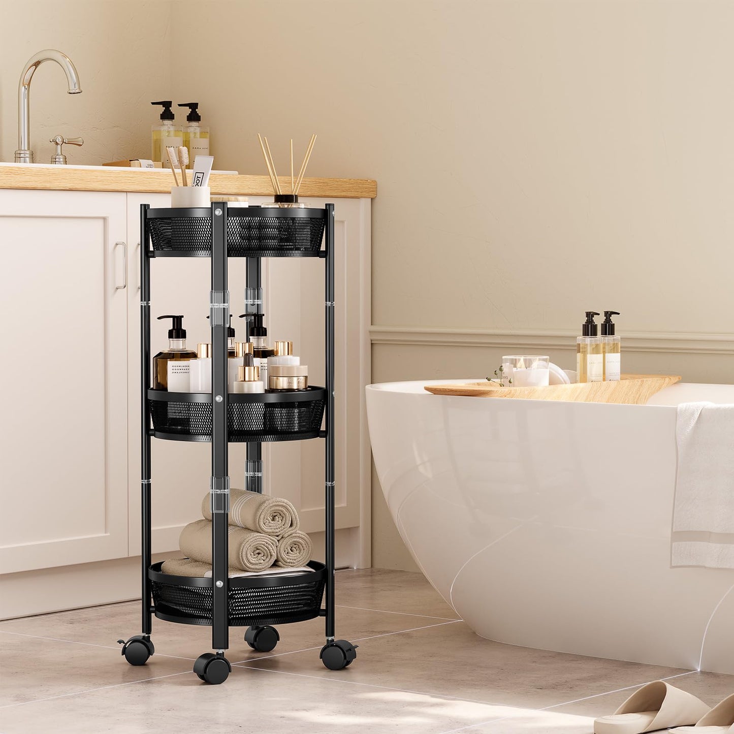 TOOLF 3-Tier Foldable Rolling Cart, Collapsible Metal Utility Cart with Wheels, Assembly-Free, Round Storage Organizer Trolley for Kitchen, Bathroom, Dorm, Nursery, Black