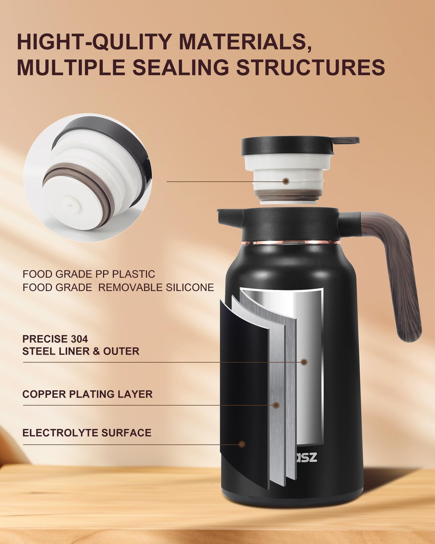 Thermal Coffee Carafe 70 oz - 12 Hour Hot Stainless Steel Thermal Carafes for Hot Liquids-Insulated Coffee Carafes For Keeping Hot/Cold Coffee, Tea, Water,Milk, Creamer Dispenser for Coffee Bar(Black)