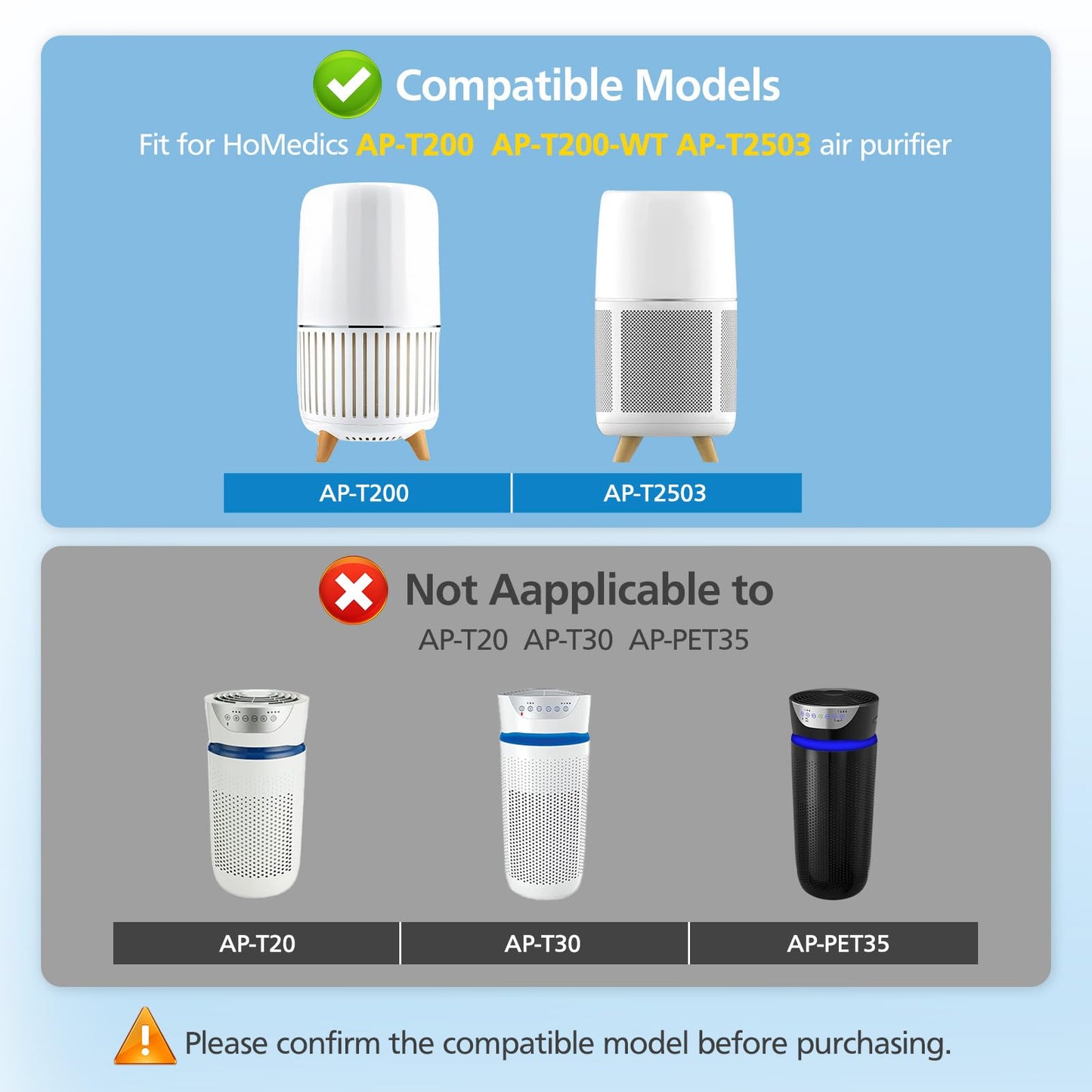 2 Pack AP-T200FL Replacement Filter Compatible with HoMedics AP-T200 AP-T2503 AP-T200-WT Air Purifier, 3-in-1 HEPA Activated Carbon Filters