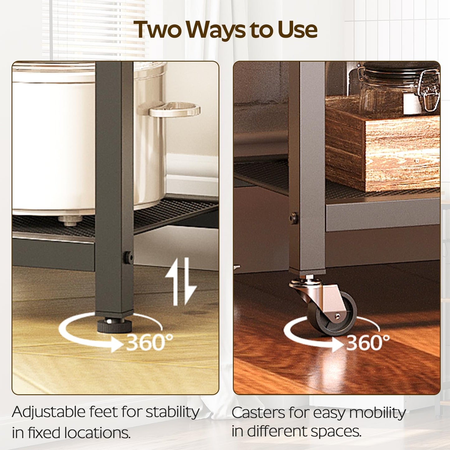 YATINEY Movable Bakers Rack, Microwave Stand with Charging Station, Kitchen Storage Rack with Hooks and Basket, Casters and Adjustable Feet, for Small Space, Kitchen, Dining Room, Rustic Brown HB04UBR