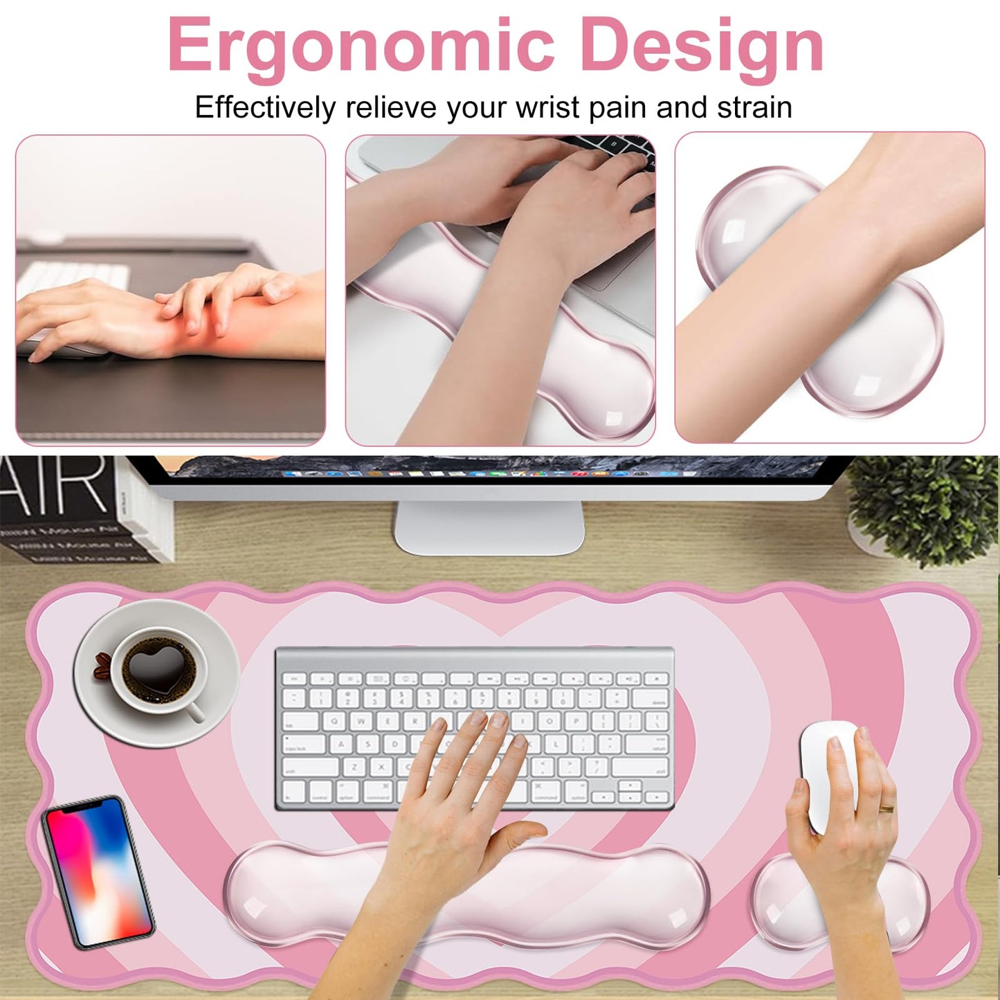 L-SPOUTTO Pink Heart Mouse Pad Set,Scalloped XXL Desk Mat + Ergonomic Mouse Wrist Rest + Gel Keyboard Wrist Rest for Keyboard 65%/75%,3in1 Large Desk Pad for Desktop Home Office Computer Game