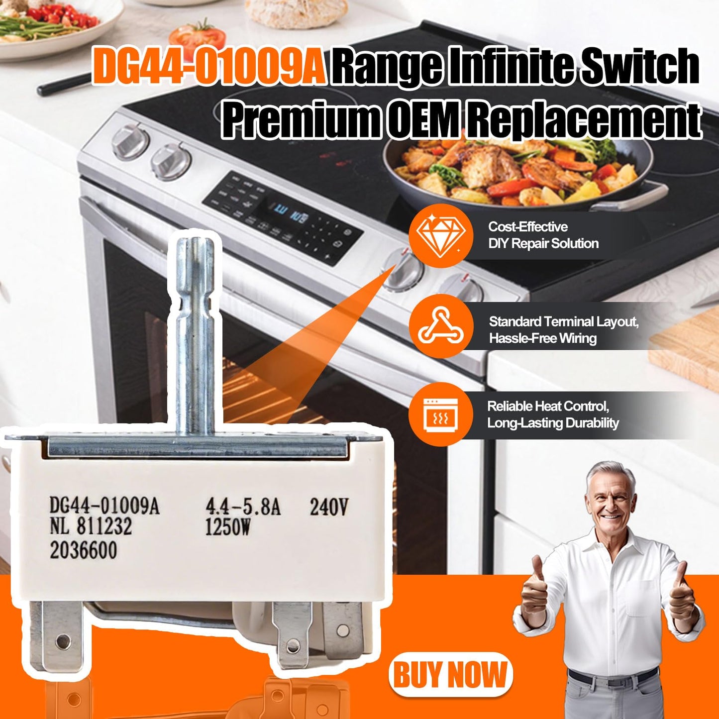 DG44-01009A Infinite Switch Replacement for Samsung Electric Range, Replaces DG44-01009ACM AP5622587 PS4240807 Surface Burner Control Switch