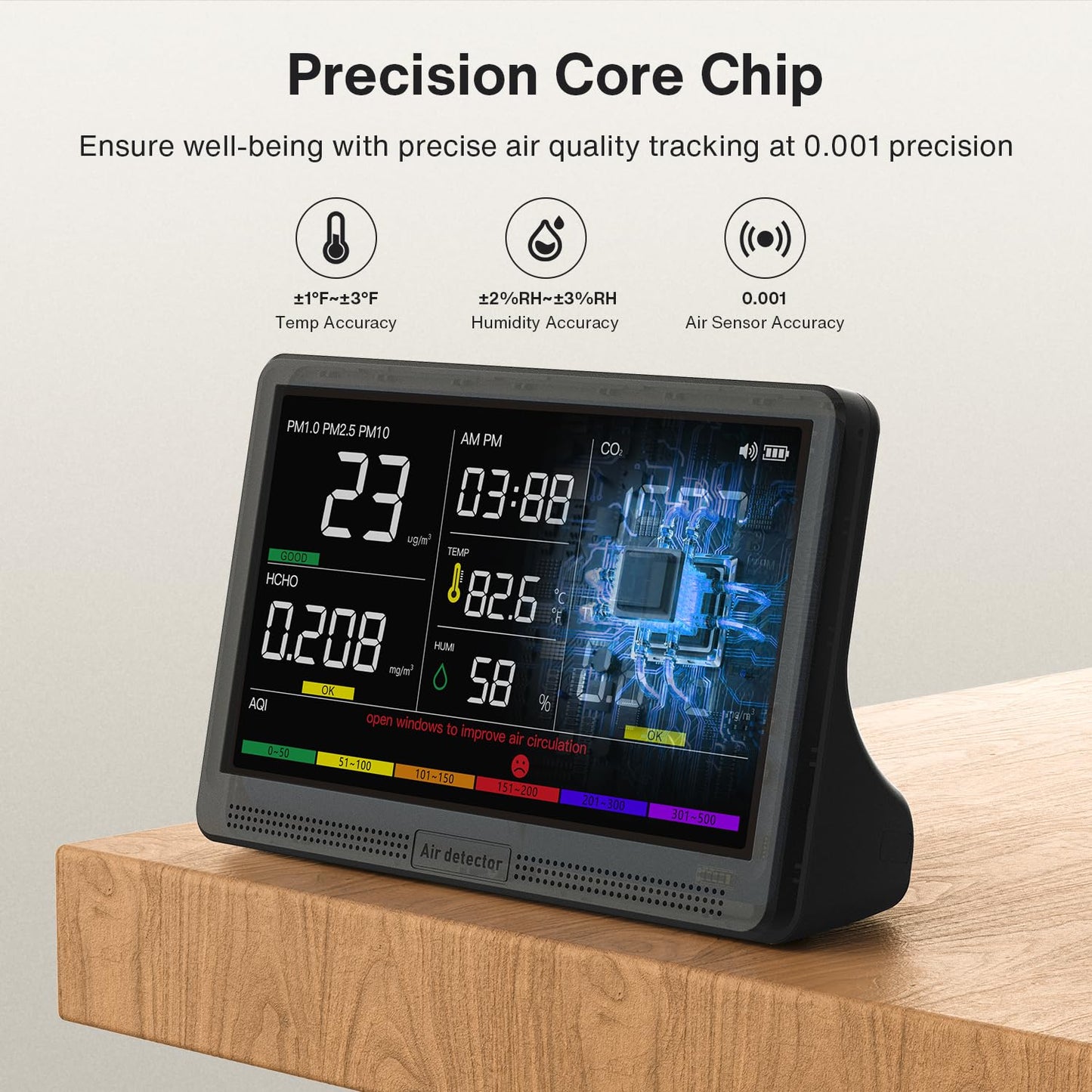 16 in 1 Air Quality Monitor Indoor 7" Display 9 AQI+7 AQI Alerts Air Quality Meter for CO2, TVOC, PM2.5, PM1.0, PM10, HCHO, Temperature, Humidity, AQI & Time, Air Detector Air Quality Tester for Home