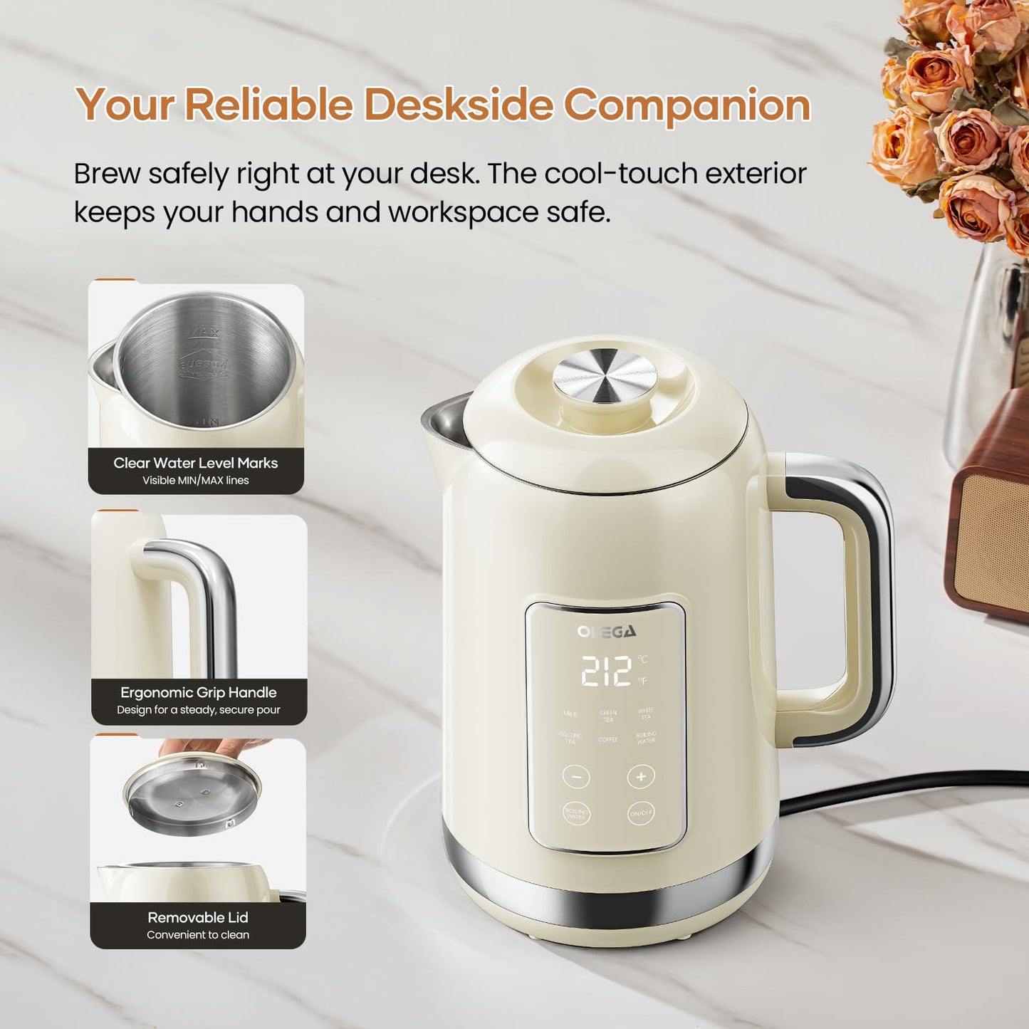 Electric Kettle Temperature Control: OLEGA 1.5L Stainless Steel Smart Kettle Hot Water Boiler, 6 Temp Presets, 1200W Fast Boiling Electric Tea & Coffee Kettle, Electric Kettles Teapot for Home -Beige