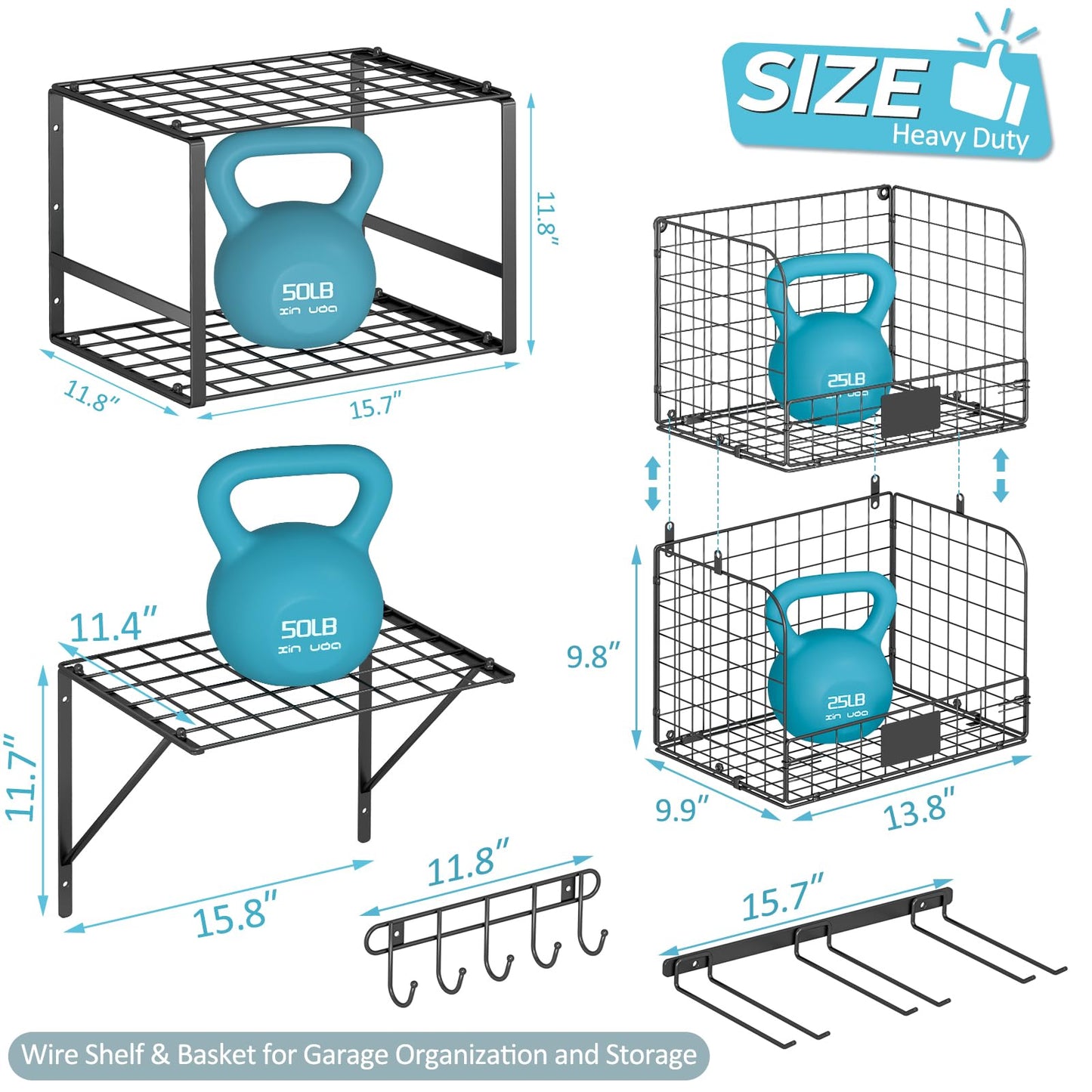 ThreeHio Garage Shelf Wall Mounted with Wire baskets, Heavy Duty Garage Wall Shelving with Garden Tool Rack and Hooks, Wire Shelf Baskets Tool Organizer for Home Garden Yard Organization and Storage
