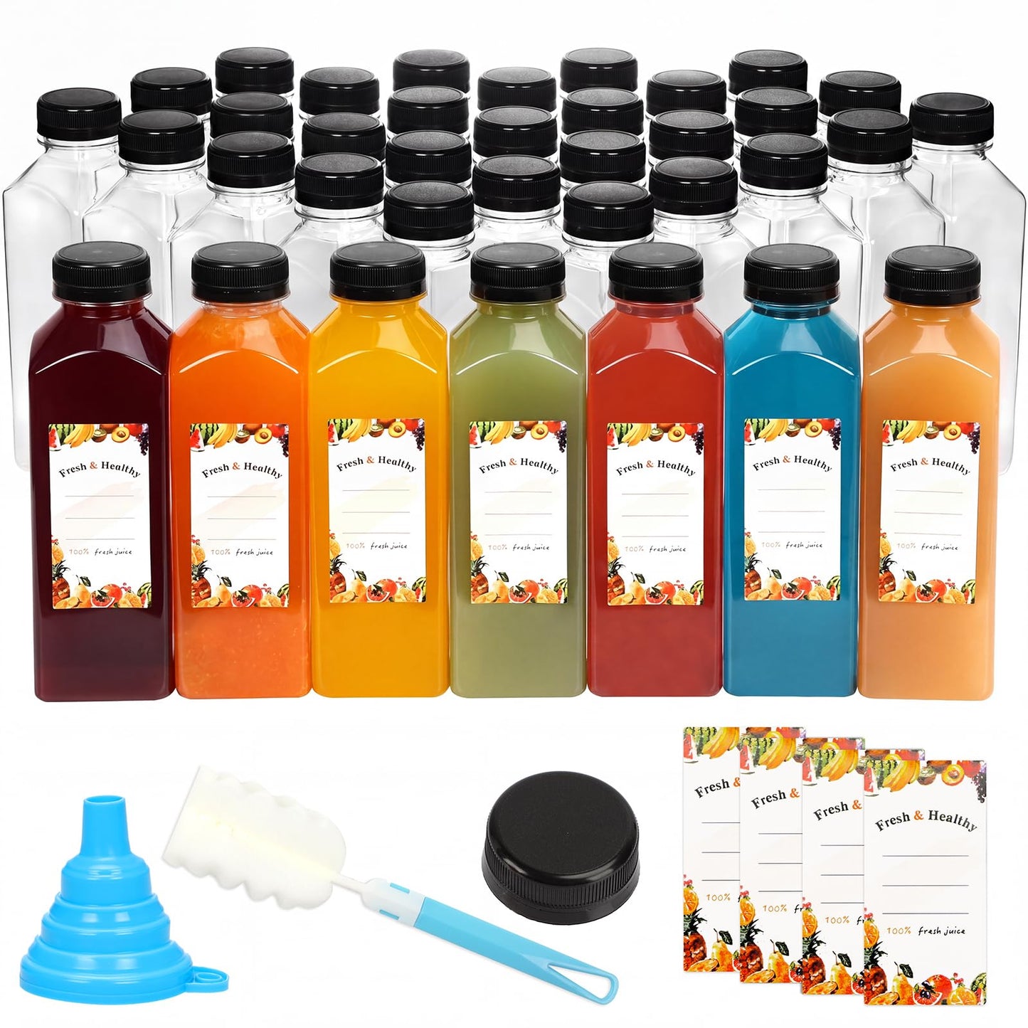 Moretoes 36pcs 16oz Juice Bottles, Plastic Bottles with Lids, Reusable Clear Containers for Juice, Smoothies, Cola, Water and Other Beverages