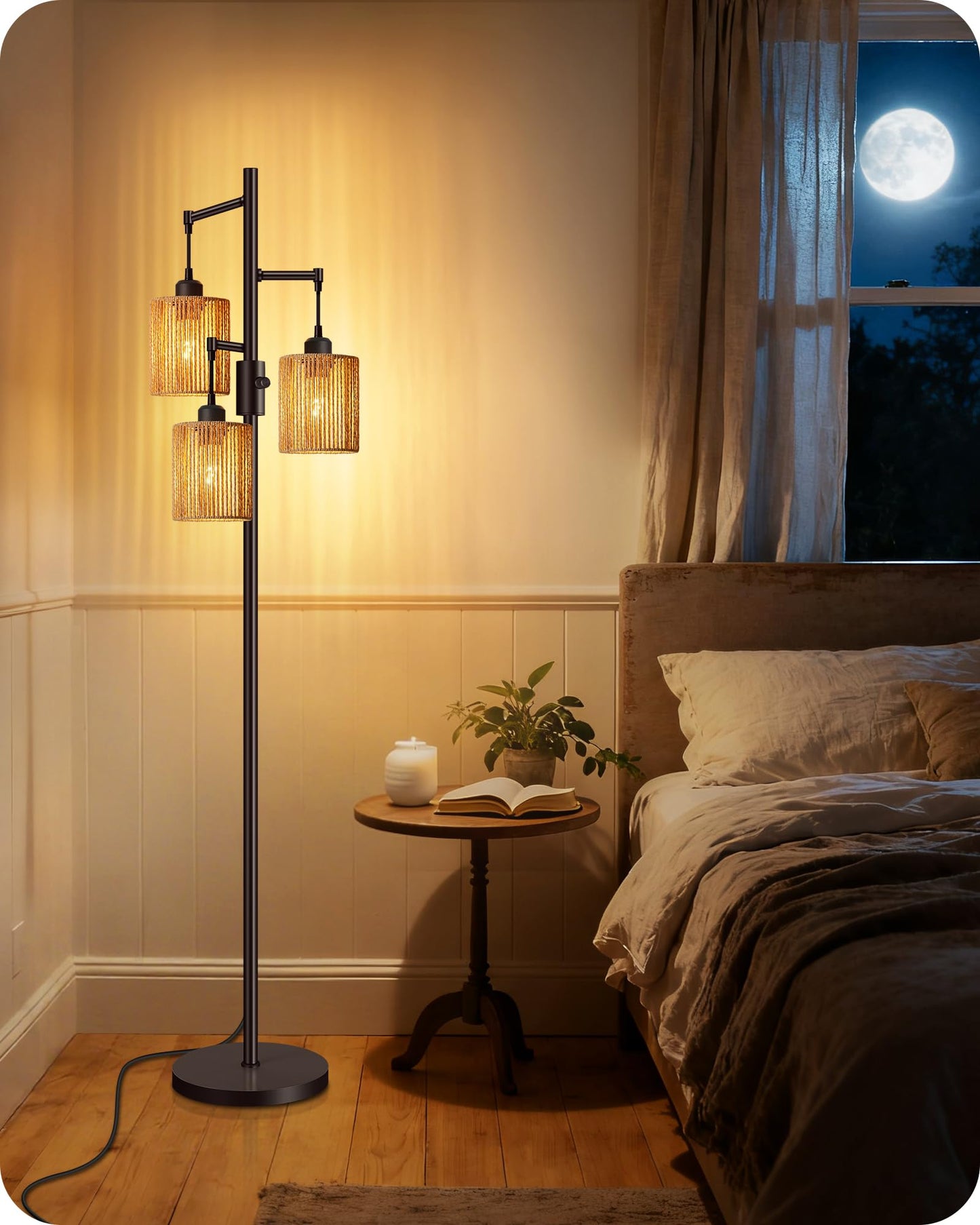 GOEBLESON Dimmable Floor Lamp, Farmhouse Tall Standing 70.3" Tree Lamp with 3 Rope Woven Lampshades, Boho Rattan Floor Lights, 4W 3 LED Bulbs Included, for Living Room, Bedroom, Study, Office AB03LD05