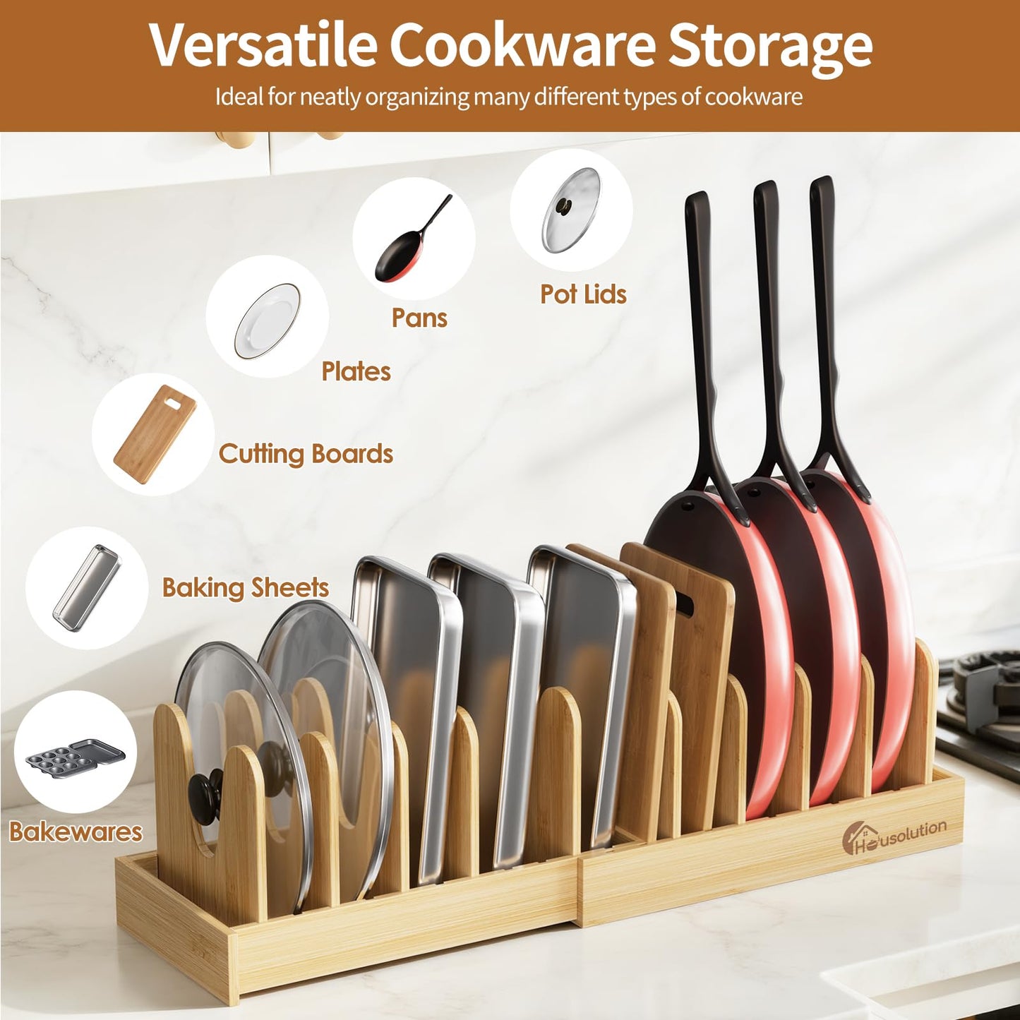 Housolution Bamboo Pot and Pan Organizer for Cabinet, 15"-29" Expandable Pot Lid Organizer with 10 Adjustable Dividers, Wooden Pan Holder Storage Rack, Fully Expanded Size 29.5" W x 8" D x 7.5" H