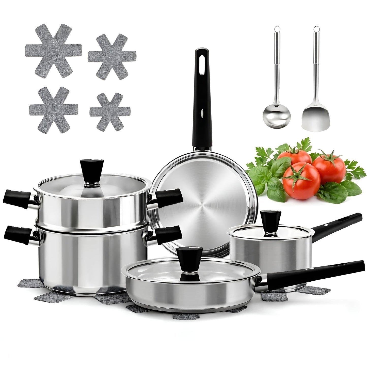 Meythway 14-Piece Stainless Steel Cookware Set for Induction Stovetops – Non-Toxic Pots & Pans with Stay-Cool Handles, Glass Lids, Steamer, Pot Mats & Utensils – Dishwasher Safe Kitchen Cookware