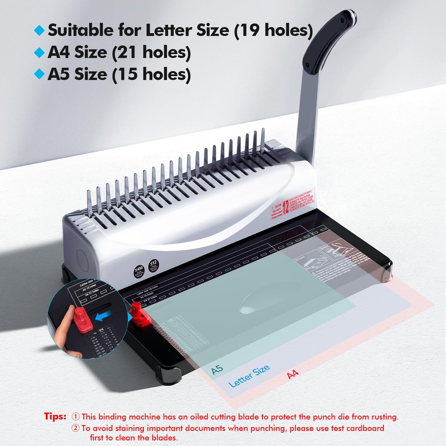 MAKEASY Binding Machine, 21-Hole, 450 Sheets, Comb Binding Machines with 1 Box Comb Bindings Spines, Comb Binder for Letter Size, A4, A5 Paper
