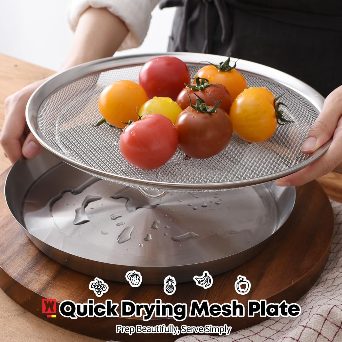 WAGENSTEIGER Stainless Steel Mesh Tray Set with Drip Pan, Air Fryer Basket and Tray, Kitchen Colander, Vegetable and Fruit Strainer, Food Filter, BBQ Prep Tool, Fruit Serving Dishes (11.42 inch)