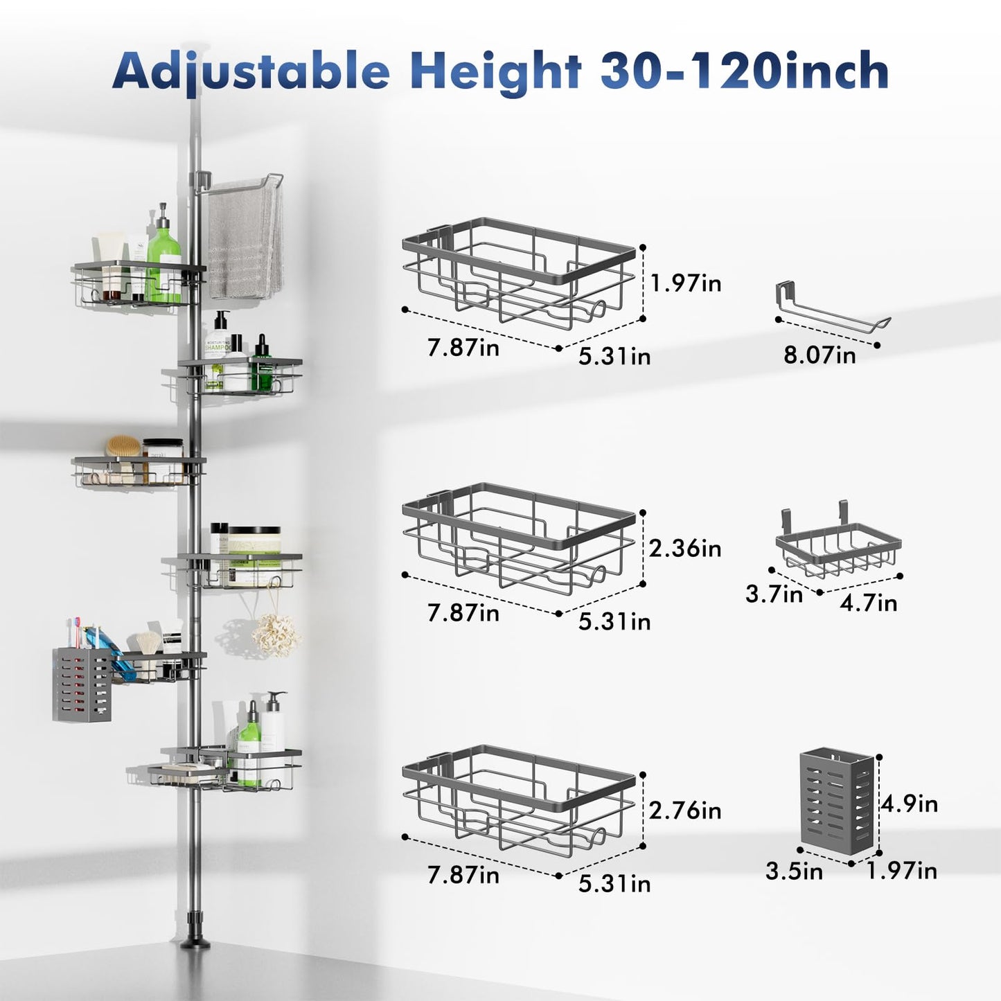 Vatex Corner Shower Caddy Tension Pole,30-120 Inch Adjustable Shower Organizer, 6-Tier Shower Shelves with Towel Rack/Toothbrush Holder/Soap Dish, Bathroom Corner Storage Rust-Resistant