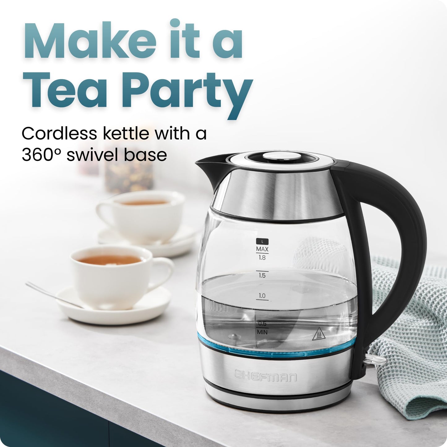 Chefman Electric Kettle 1500W, 1.8L Hot Water Boiler, Removable Lid for Easy Cleaning, LED Indicators, Auto Shutoff & Boil-Dry Protection, Borosilicate Glass Electric Tea Kettle – Stainless Steel
