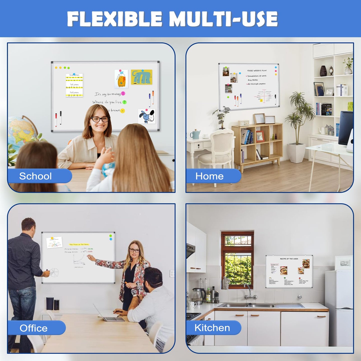 Double-Sided White Board Dry Erase, 20" x 30" Dry Erase Board for Wall with Silver Aluminium Frame, Magnetic Whiteboard for Office, Home, School, Kitchen