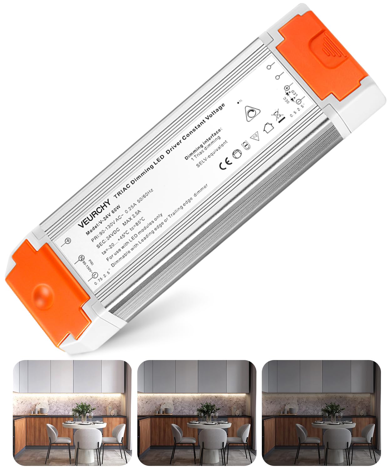 VEURCHY 24V Dimmable LED Driver, 60 Watt Dimmable LED Power Supply AC 120V to DC 24V Compatible with Lutron & Leviton Dimmer Switches, 24 Volt Led Transformer 60W for Strip Lights Smooth Dimming