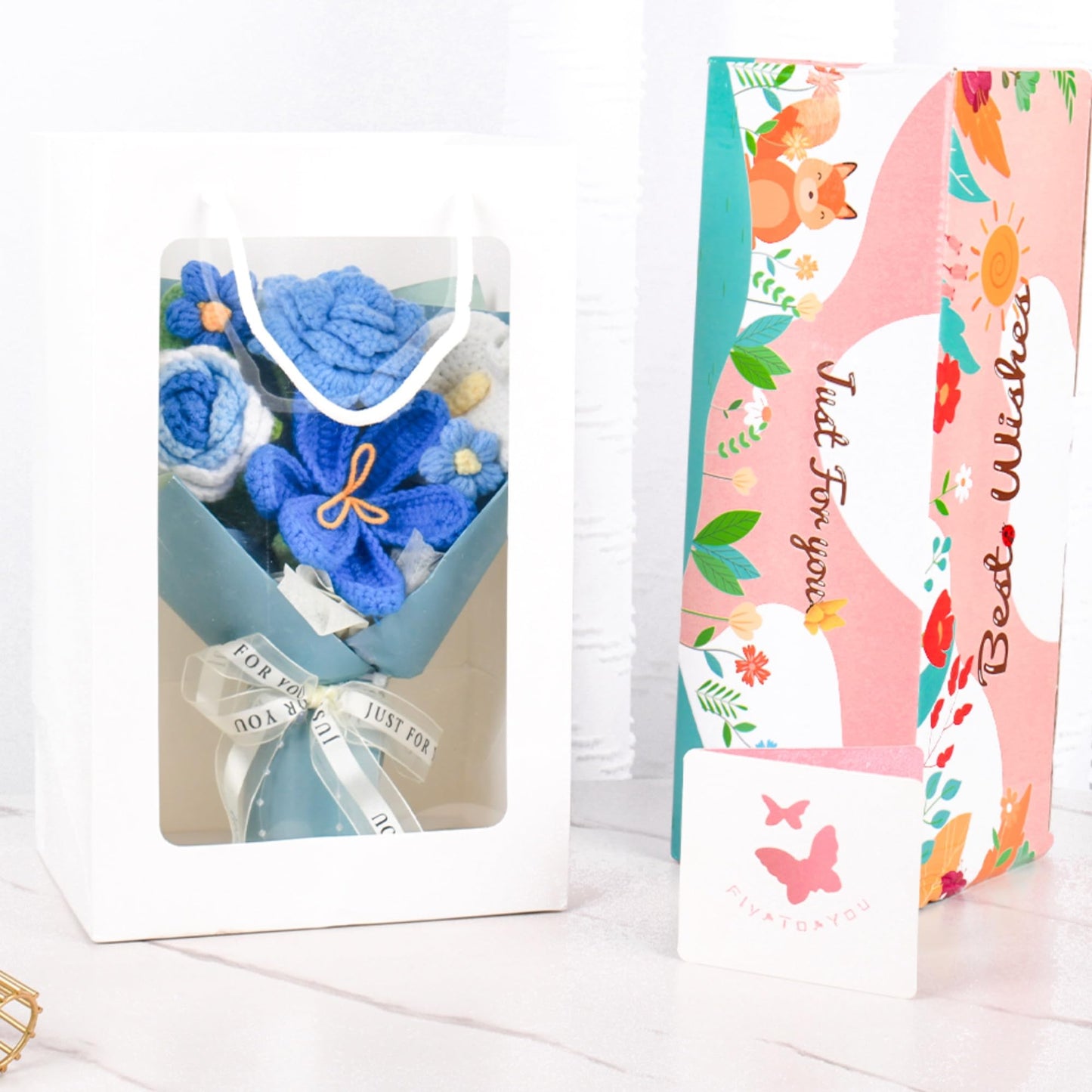 MengxFly Crochet Flower Bouquet Blue, Graduation Flowers Bouquet, Handmade Knitted Floral Gift for Her, with Gift Box, Bag and Card