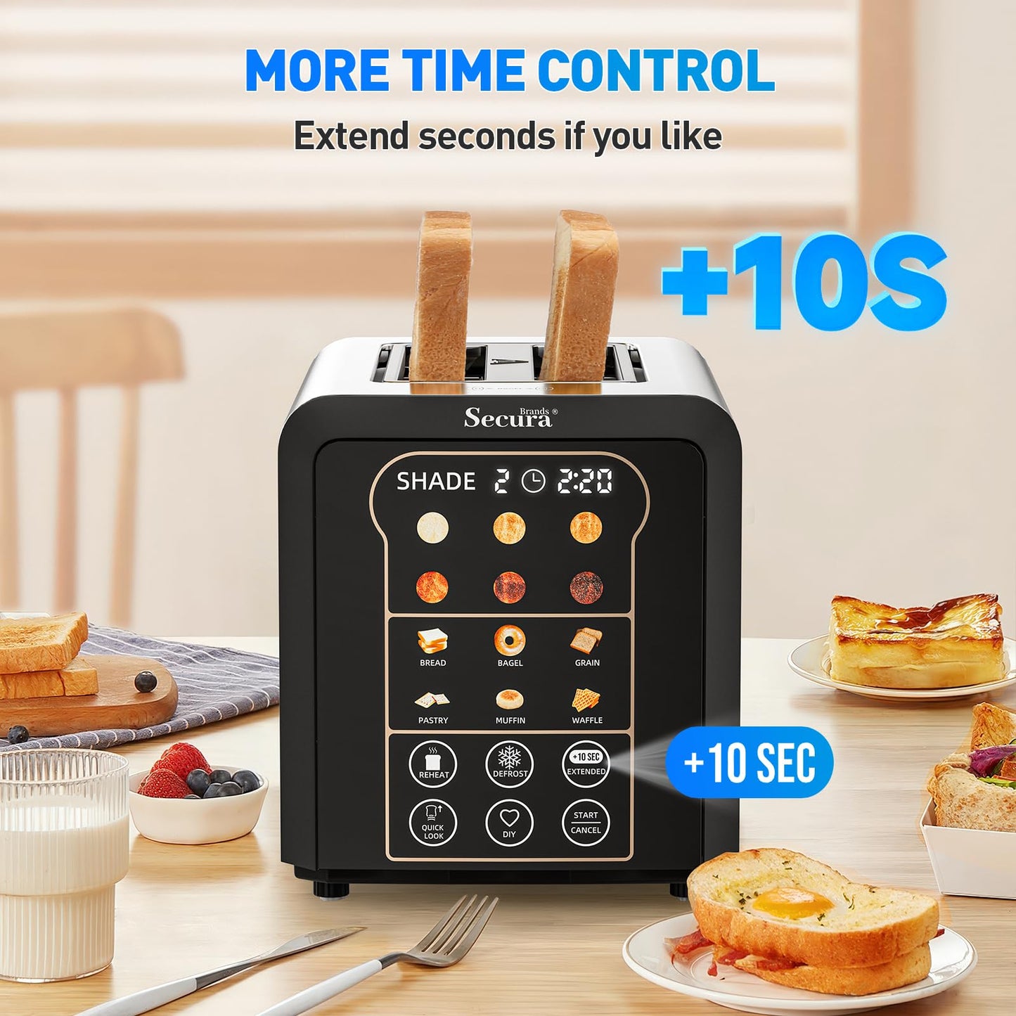 Secura Brands 2 Slice Toaster Automatic, No Lever Stainless Steel Wide Slot Touch Screen Smart Toaster with Digital Timer, +10s Extend, Custom Memory Settings for Home, RV