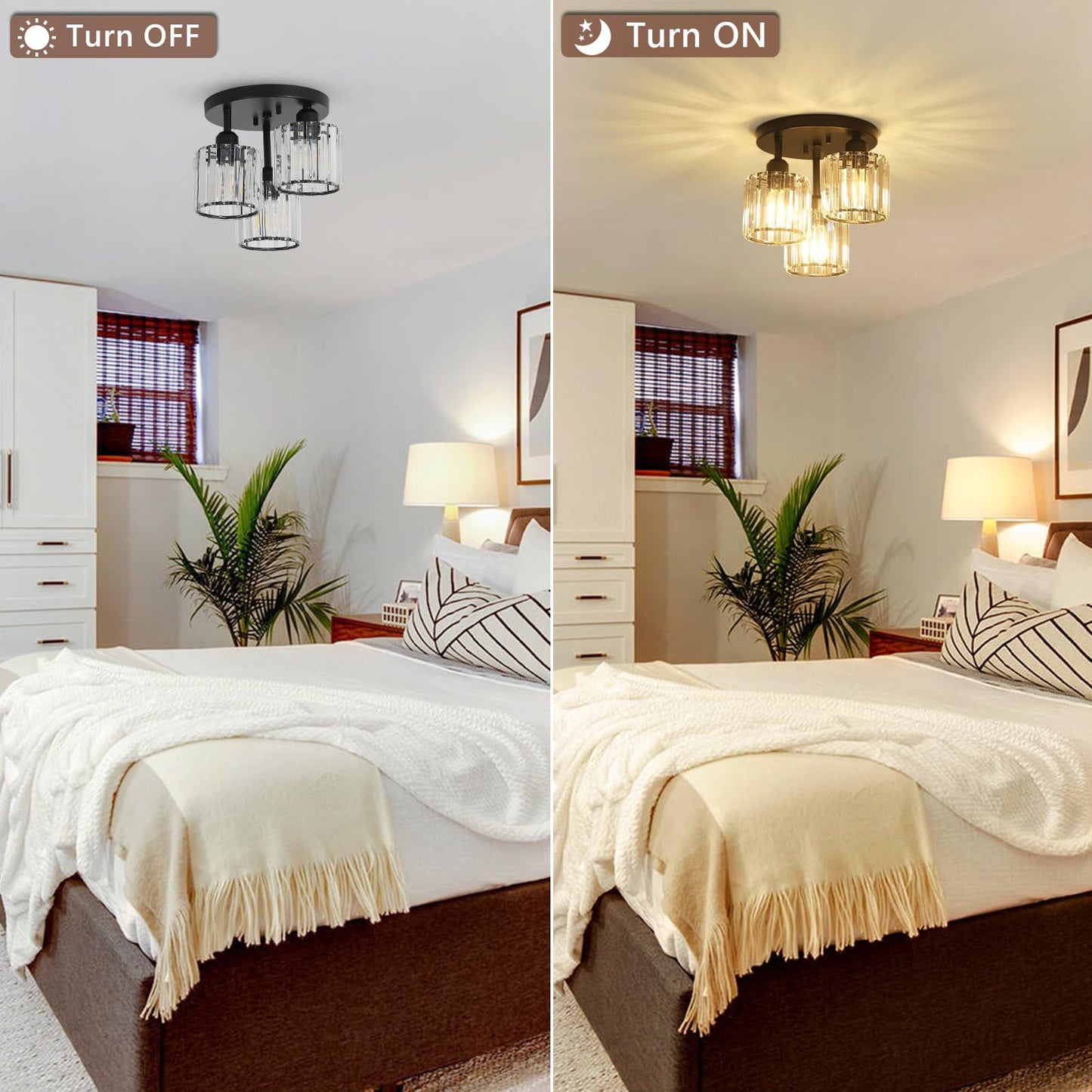 PAUFUL Crystal Semi Flush Mount Ceiling Light,3-Light Modern Close to Ceiling Light Fixtures,Black Kitchen Light Fixtures with Clear Crystal Shade,Hallway Light Fixtures for Hallway Bedroom Bathroom