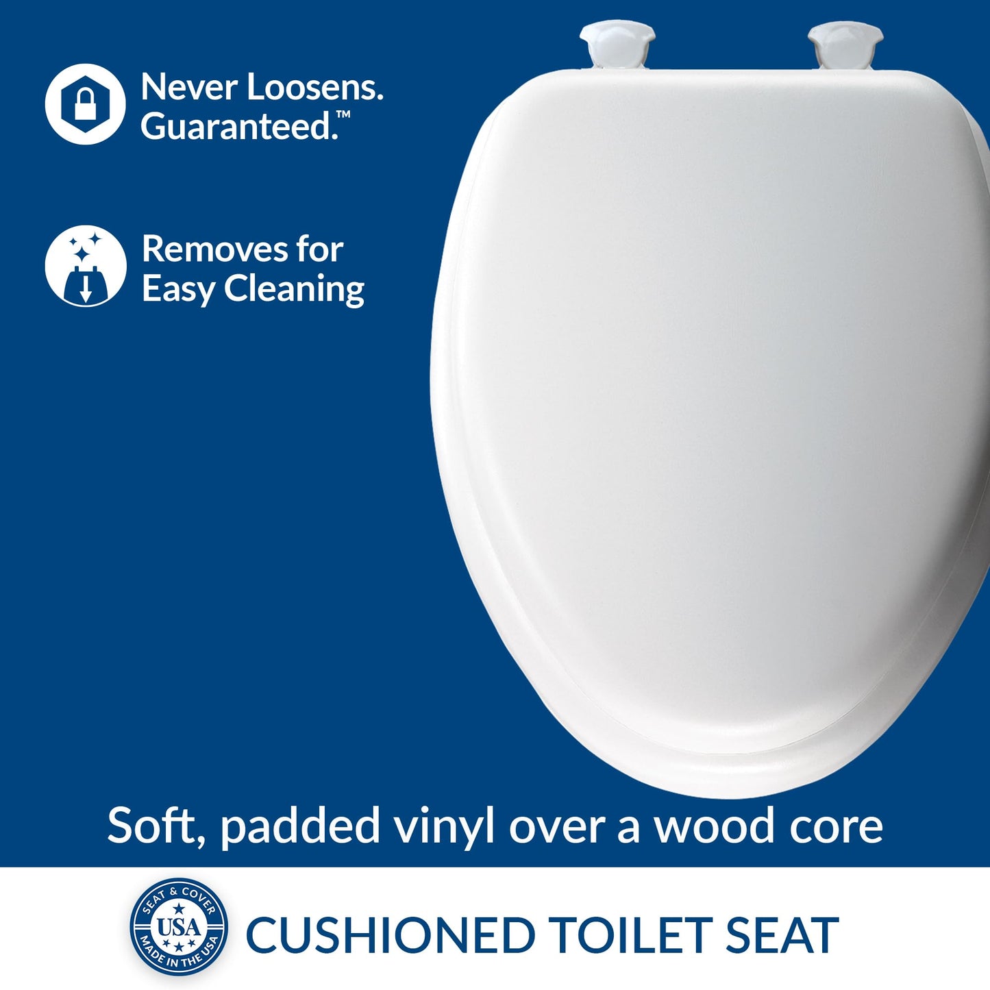 Mayfair Padded Toilet Seat, Cushioned Soft Vinyl over Wood Core Seat, Secure Hinges, Easy Clean, Made in USA, Elongated, White