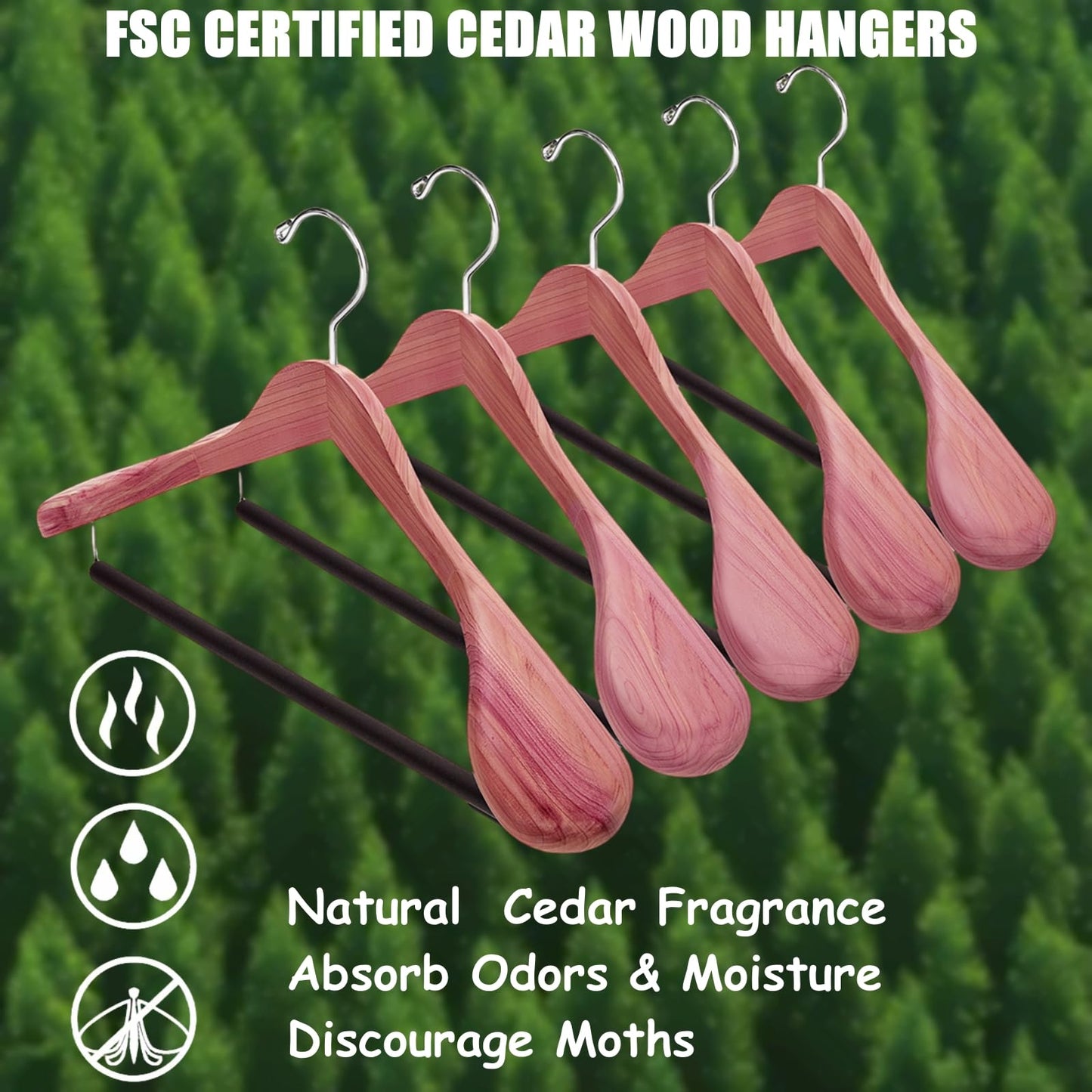 Amber Home 5 Pack Cedar Suit Hangers with Extra Wide Shoulder, Wooden Clothes Hangers for Coats & Jacket, Aromatic Natural Cedar Hangers with Non-Slip Velvet Pant Bar