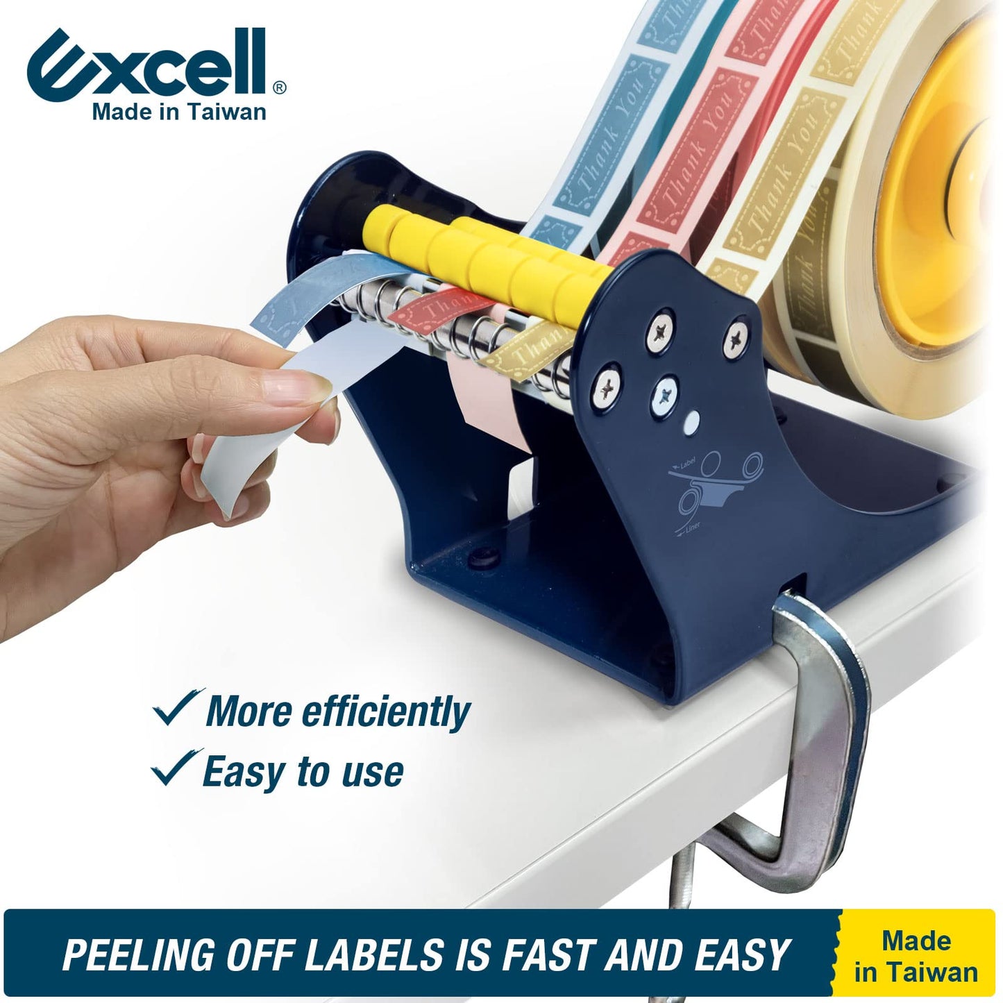 Excell LD-333 Manual Label Dispenser 3" Core, Works with 3" or 1" Wide Labels. Easy Peel-Off Design. Includes C-clamp for mounting on desks or workstations. Efficient and Versatile.