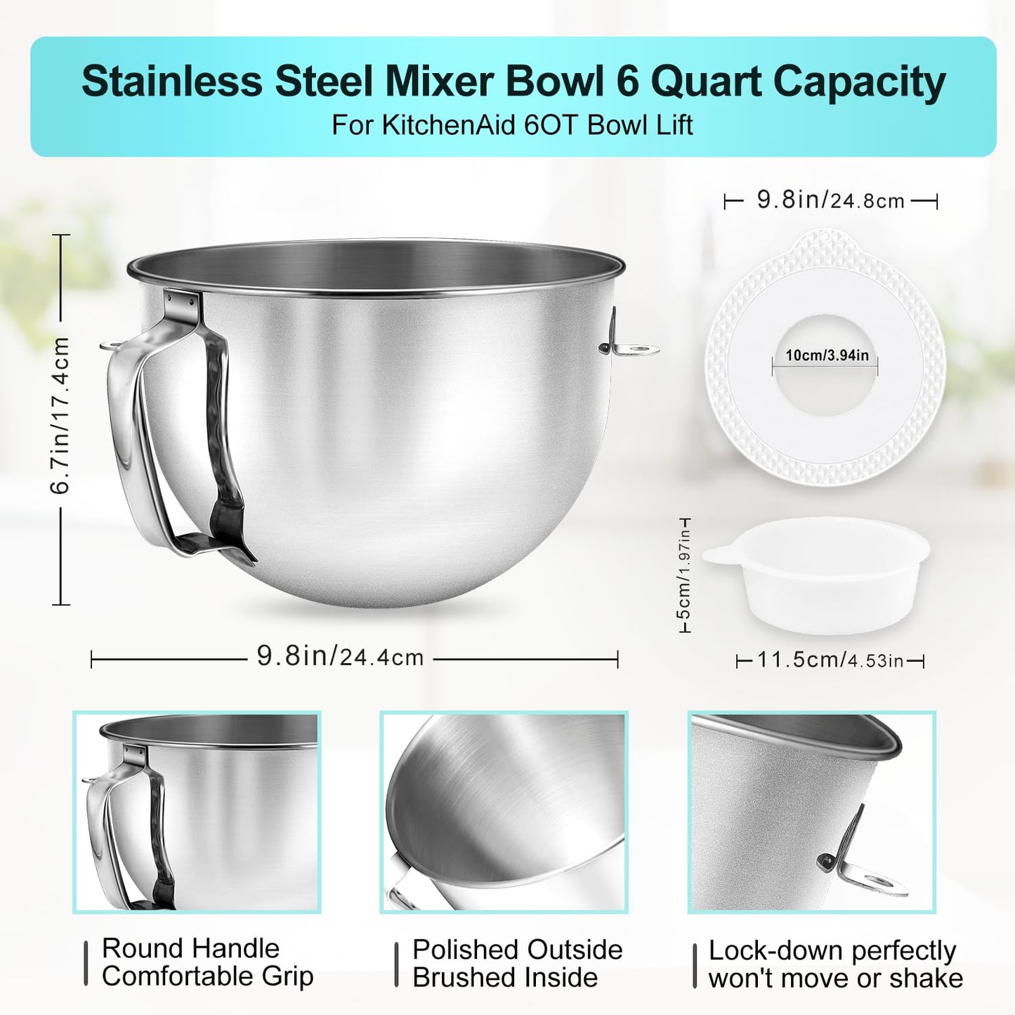Stainless Steel Mixer Bowl & Mixer Bowl Lid Cover, Compatible with KitchenAid Series 5.5-6 QT Lift Stand Mixer, Suitable for KV25, KV25, KP26, KB26, Dishwasher Safe, Ergonomic Handle, Heavy Duty