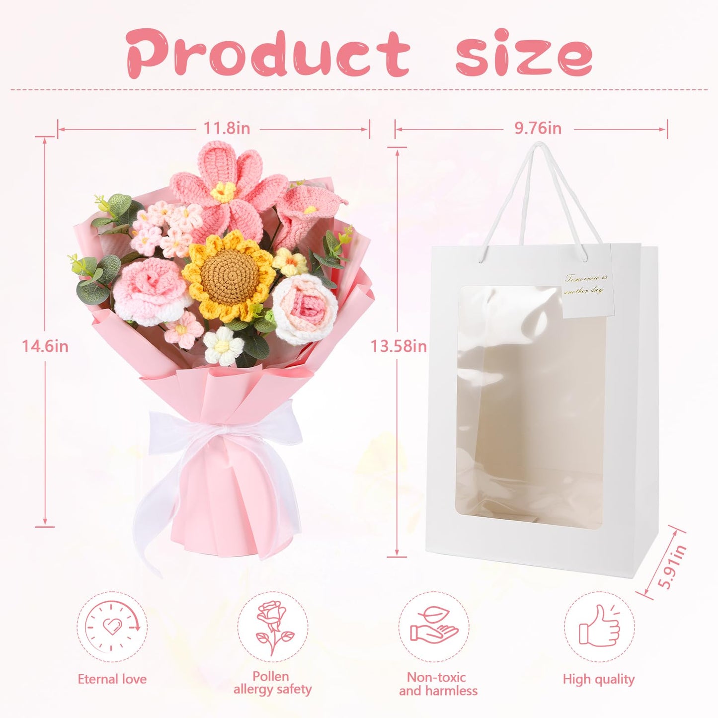 Crocheted Bouquet, Handmade Knitted Flowers，Tulips, Sunflowers Roses Crochet Flowers Suitable for Valentine's Day Teacher's Day Anniversary Birthday Parties Mother's Day Graduation Gifts (Pink)