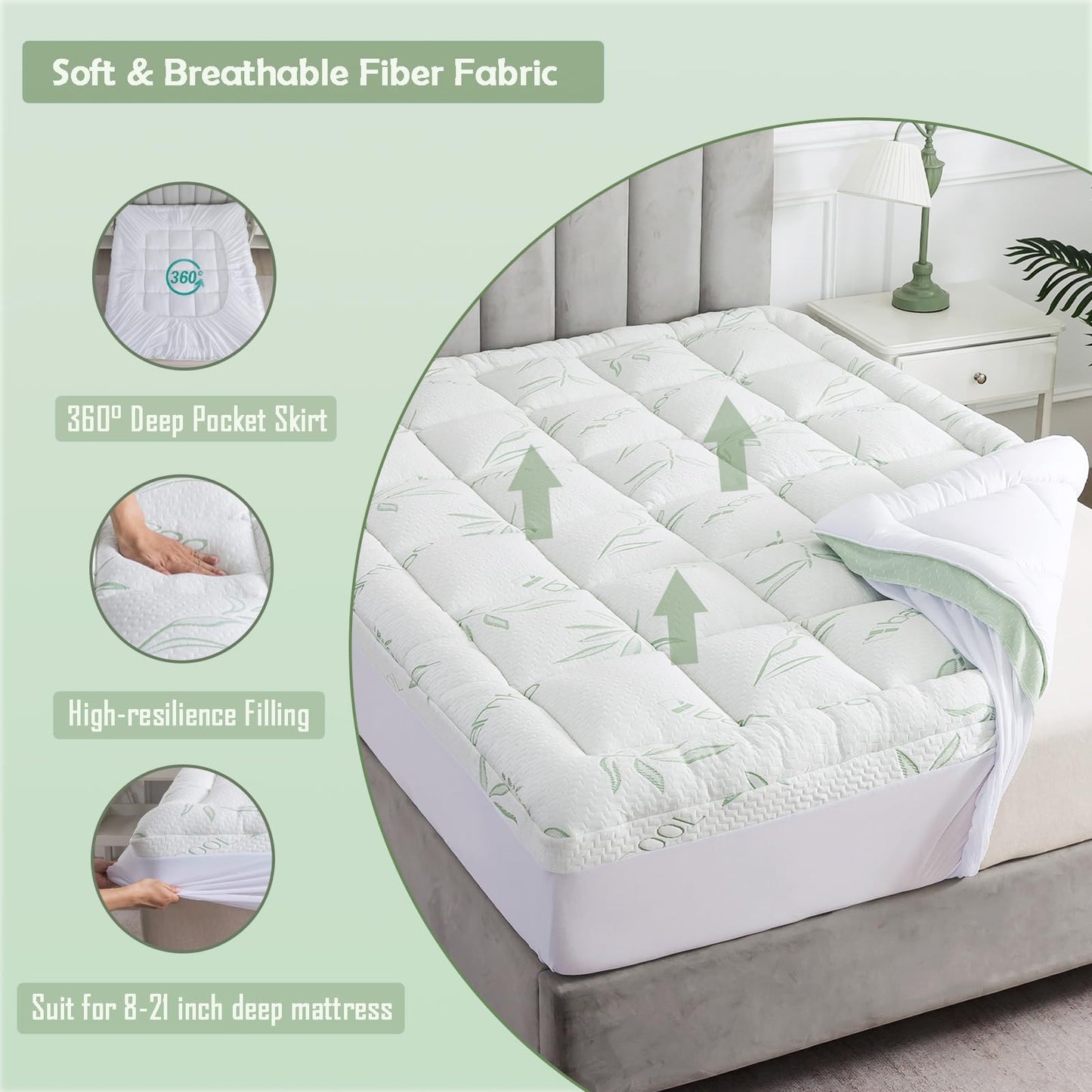 WhatsBedding Queen Mattress Topper, Soft Pillow Top Mattress Topper with Deep Pocket Fits 8–21 Inch,7D Spiral Fiber Filling, Bamboo Viscose Air Layer Mattress Topper Queen.