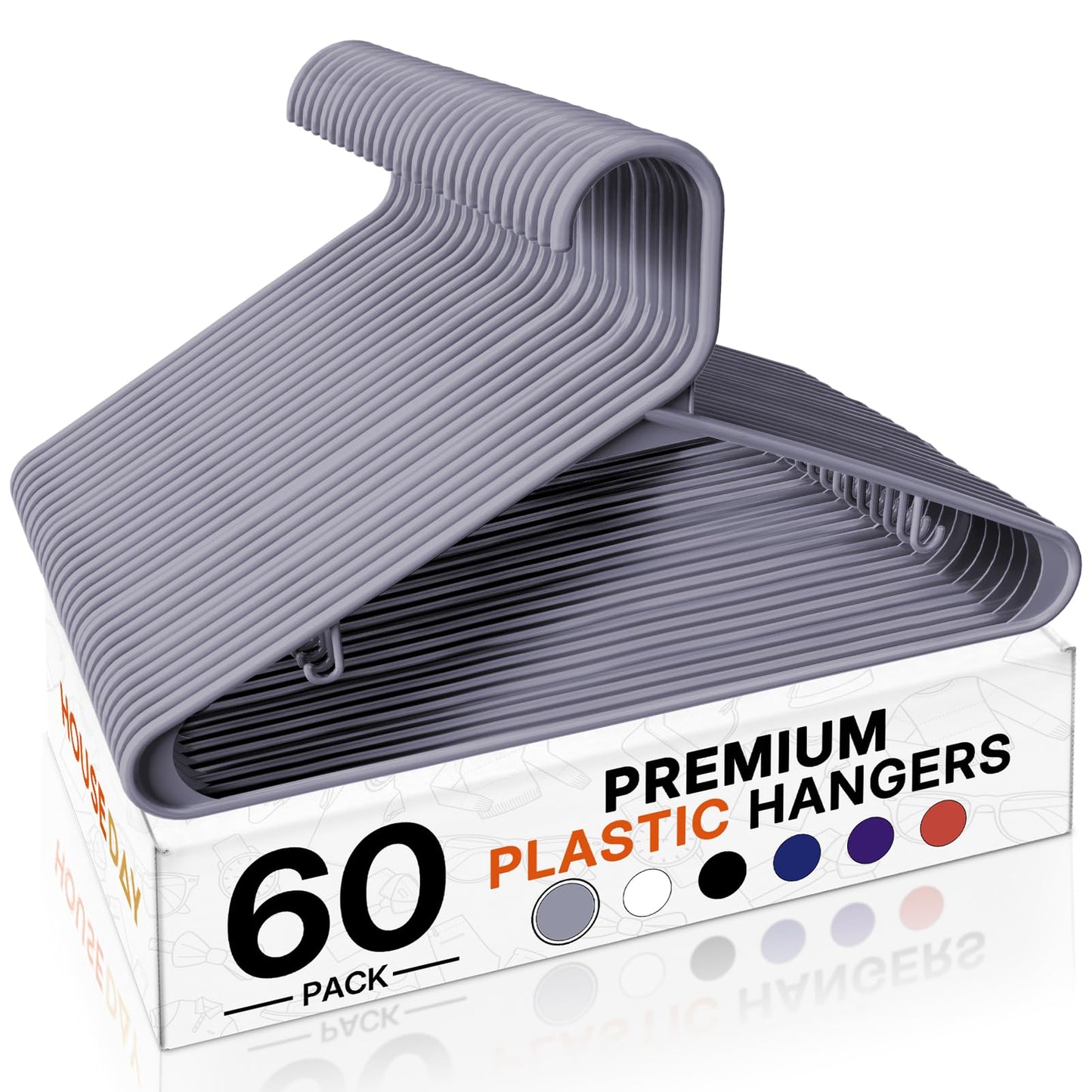 HOUSE DAY Grey Plastic Hangers 60 Pack, Non-Slip Plastic Hanger with Dual Hooks - Slim Space Saving 1/4" Thin Closet Organizers for Coats, Shirts, Pants & Dresses - Lightweight Garment Friendly