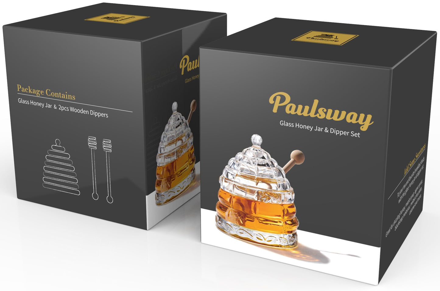 PAULSWAY 9 oz Beehive Crystal Honey Pot with 2 Dipper Sticks - Elegant Glass Honey Jar with Lid, No Drip Honey Dispenser & Syrup Container for Home Kitchen Decor