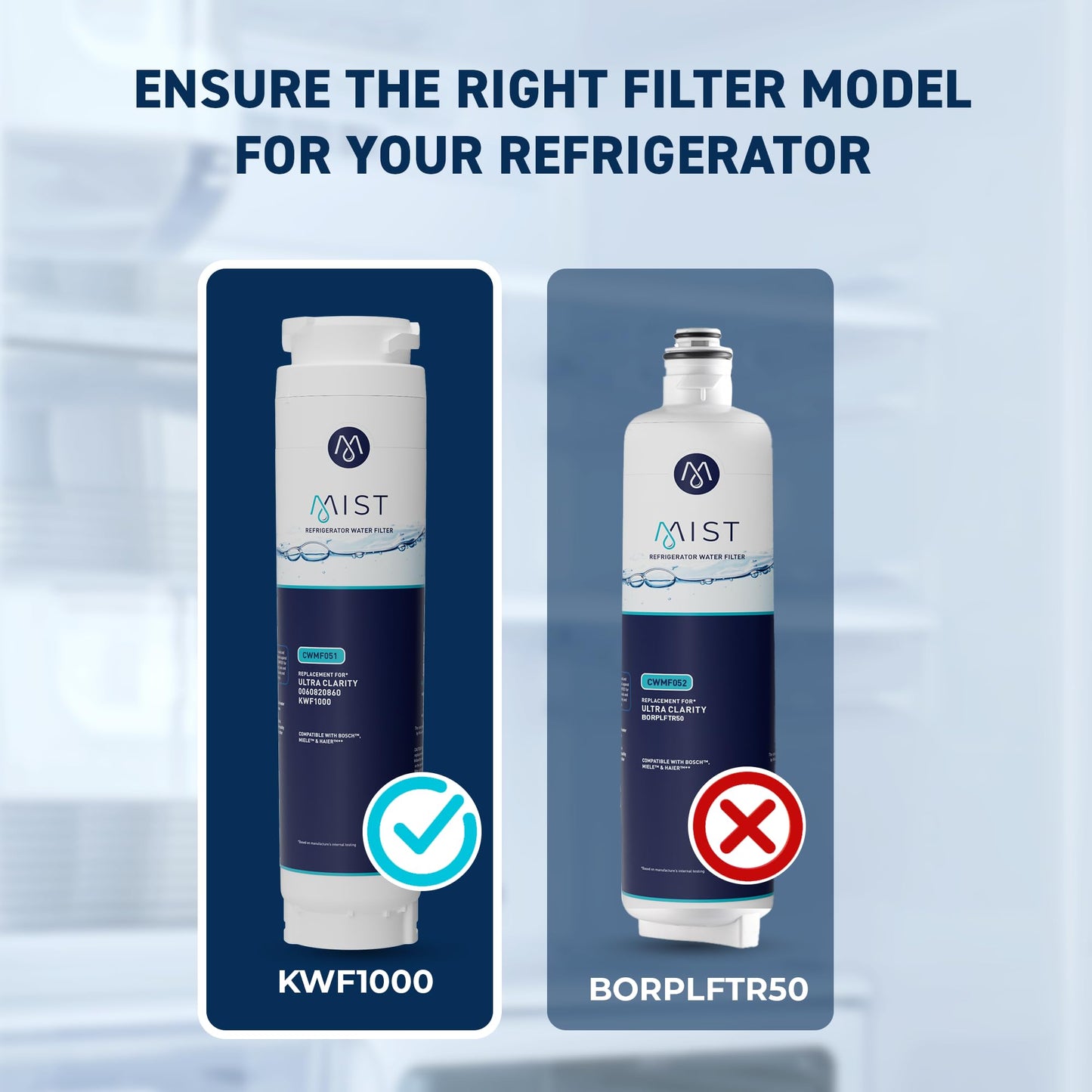 Mist Ultra Clarity Water Filter Replacement for Bosch, Refrigerator Water Filter compatible with 644845, 9000077104, 9000194412, Haier 0060820860, 0060218744, Miele KWF1000 (3 pack)