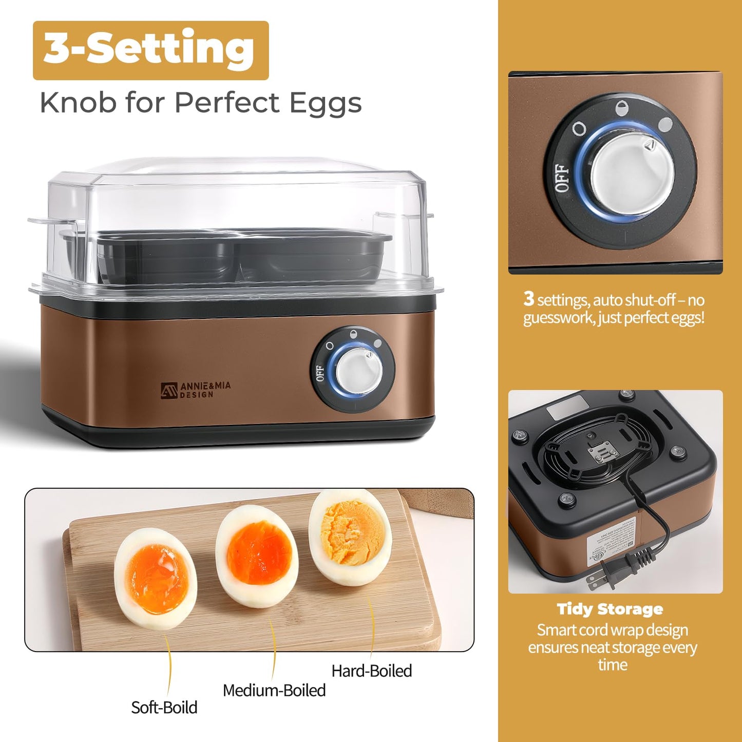 Annie & Mia Design Stainless Steel Electric Rapid Egg Cooker, 8 Egg Capacity 500W, Soft/Medium/Hard Boiled Egg Boiler Poacher Steamer Omelet Maker, Knob Auto Shut-Off, with Recipe Guide Book (Gold)