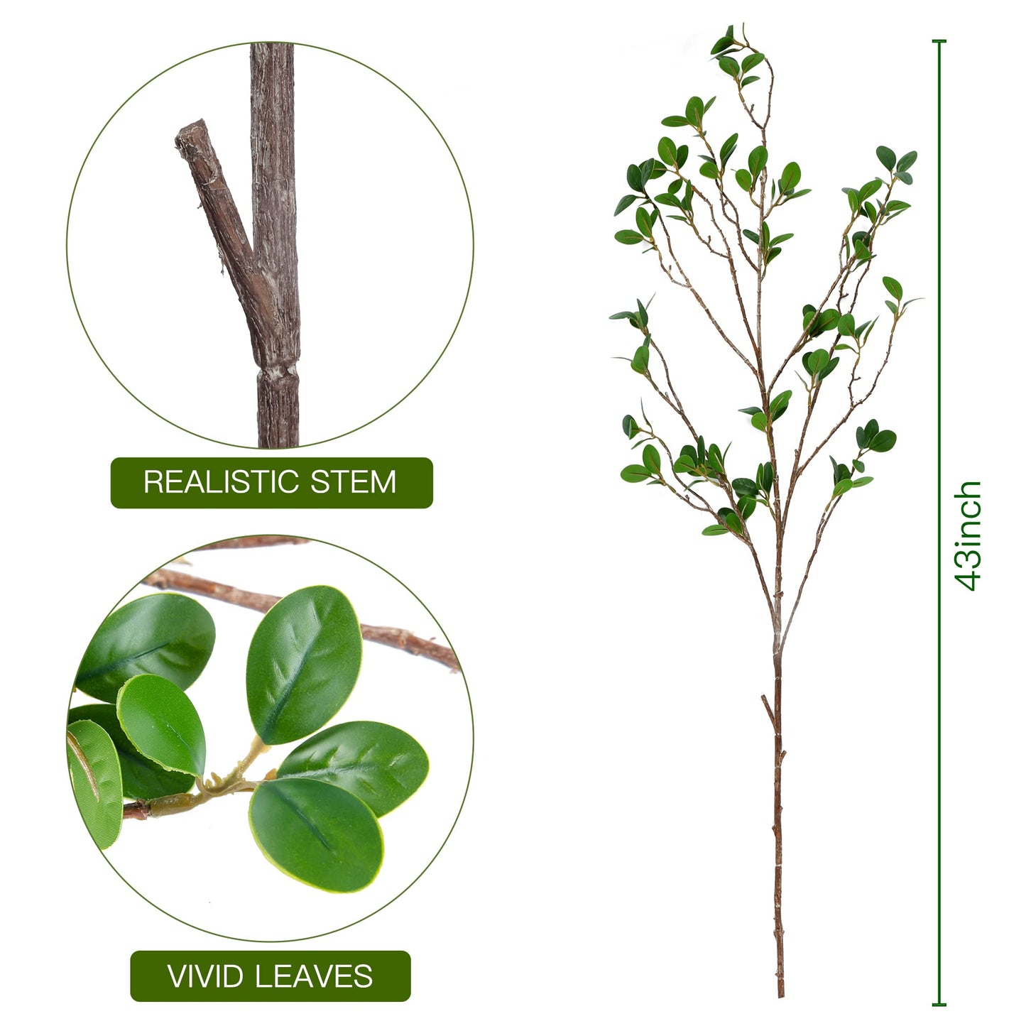 Sggvecsy 43’’ 6Pcs Artificial Ficus Branches Faux Leaf Spray Green Eucalyptus Branches Artificial Greenery Stems Fake Ficus Twig Plants for Home Office Wedding Vase Filler Shop Decoration