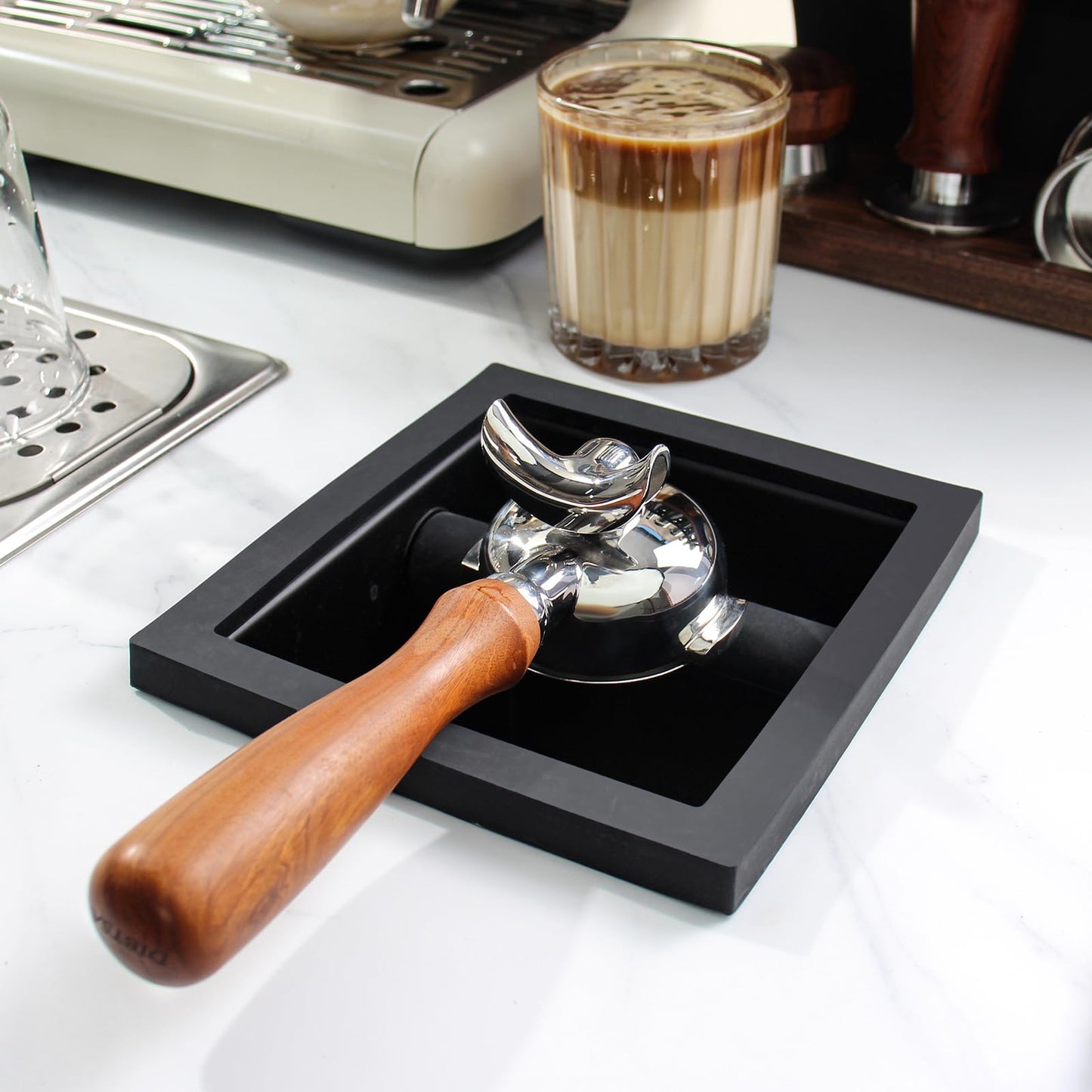 DIBTSA Espresso Coffee Ground Knock Box Chute, Built-in Desktop Waste Bucket, Stainless Steel Bottomless Knocking Residue Box (Rectangle)